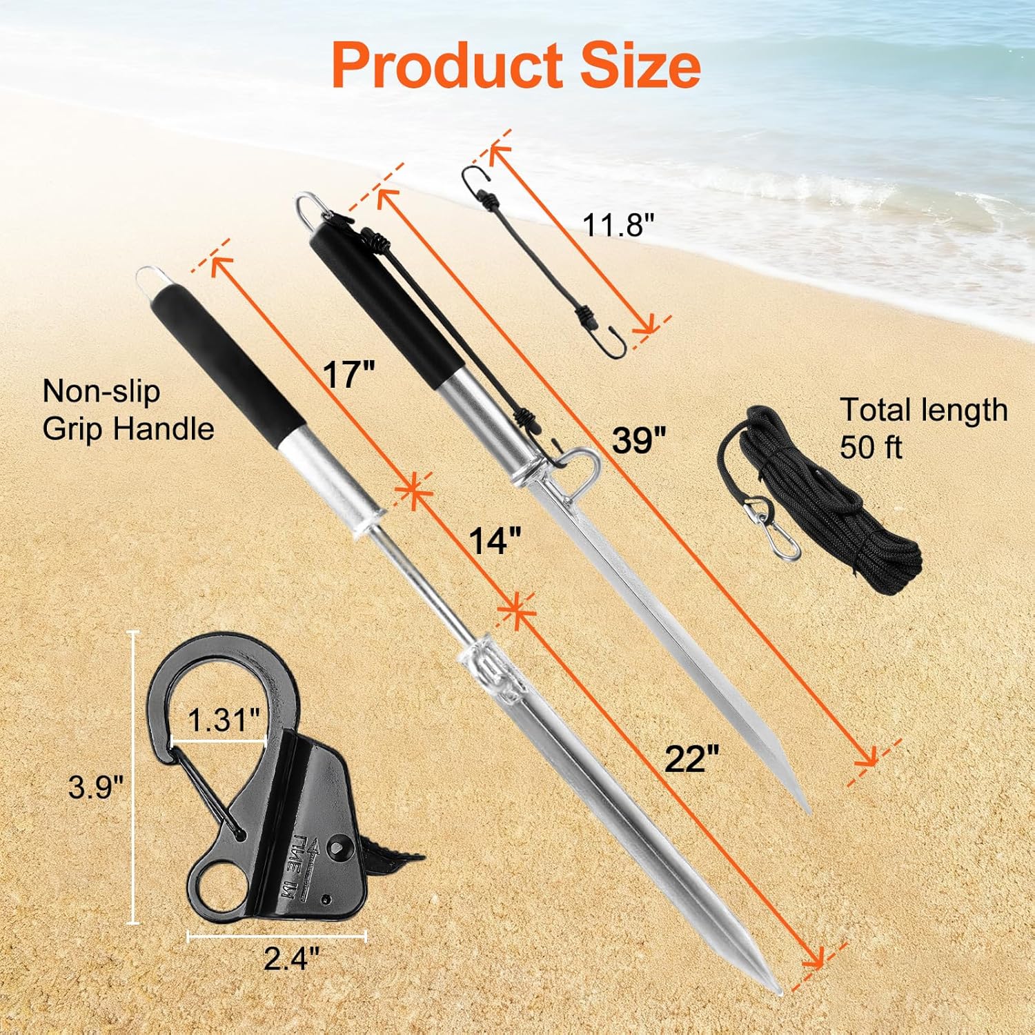 Sand Spike Boat Anchor Pole, Self-Hammering Beach Spike Anchor with Boat Anchor Hook and Boat Anchor Line 50ft, Stainless Steel Beach Anchor for Boats, Jet Ski, Pontoon, Kayak, Canoe (39 in)