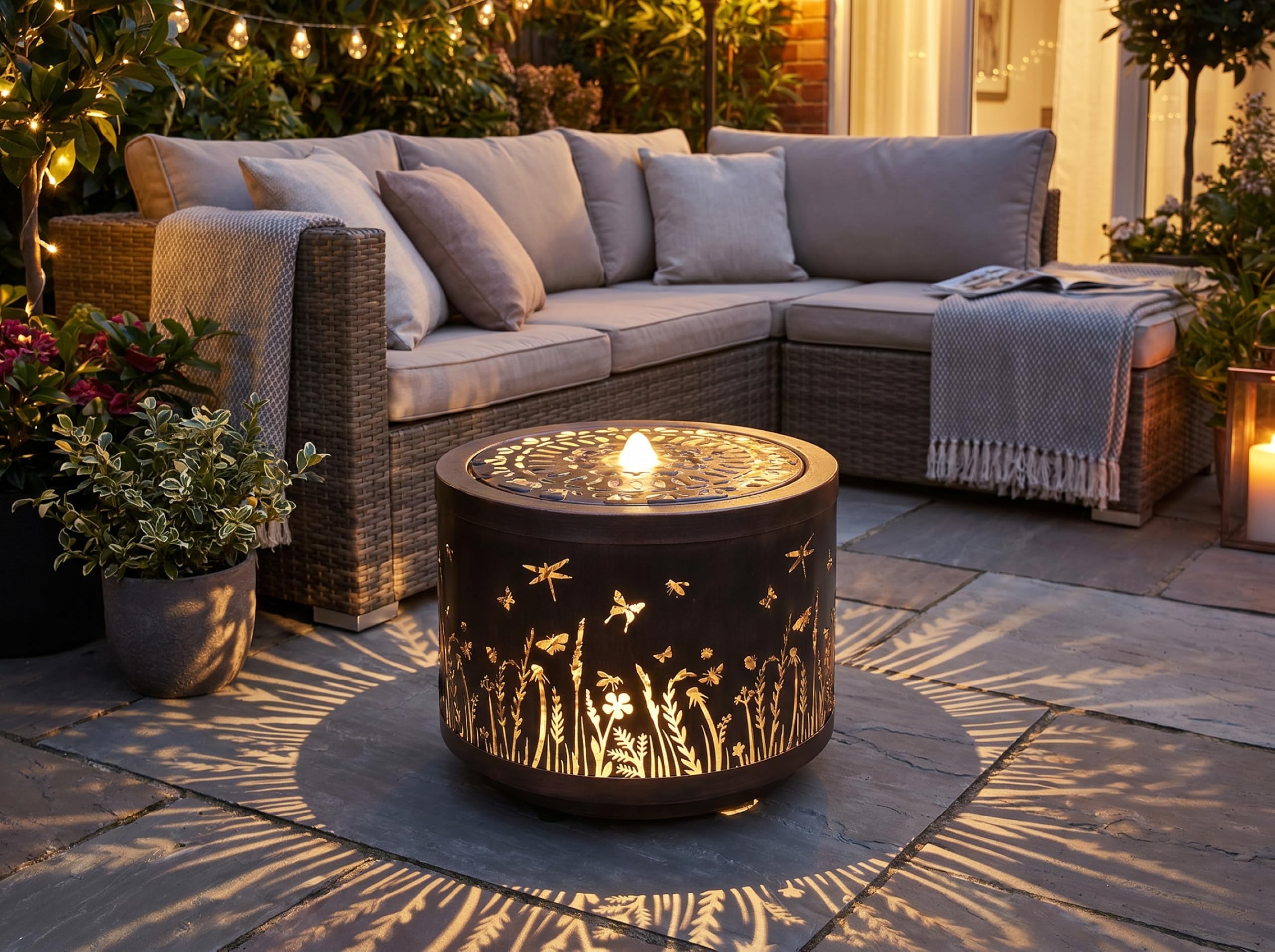 Gartenbrunnen mit LED Beleuchtung aus Metall runder Springbrunnen Wasserspiel Gartendeko