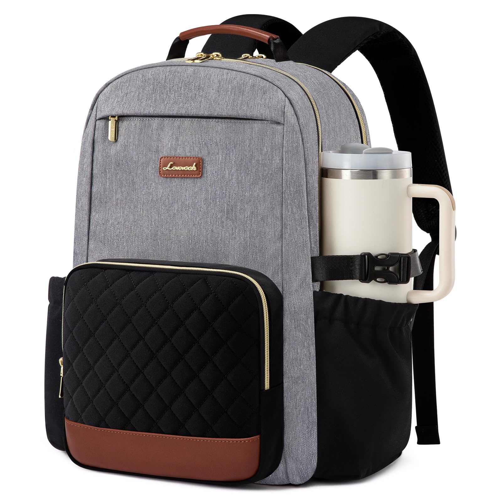 LOVEVOOK Laptop Backpack for Women with Pouch Pocket for Large Capacity Cup,18 Inch Teacher Nurse College Work Travel Backpack Purse,Waterproof Laptop Computer Bags,Grey-Black-Brown+Diamond-shaped