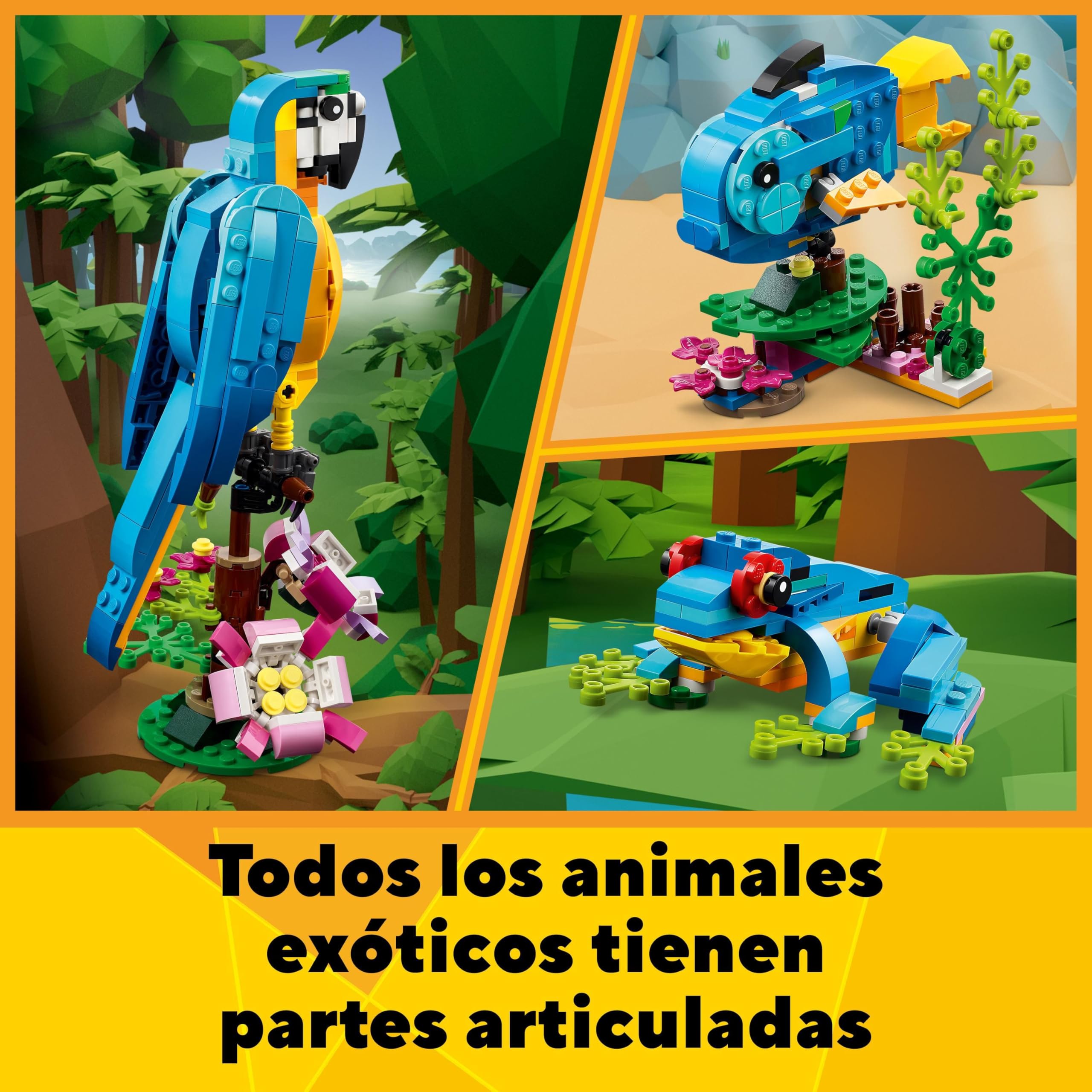 LEGO Creator 3 en 1 Loro Exótico, Pez o Rana, Figuras de Animales de Juguete para Construir, Regalo para Niños y Niñas de 7 Años o Más, Juego Creativo 31136