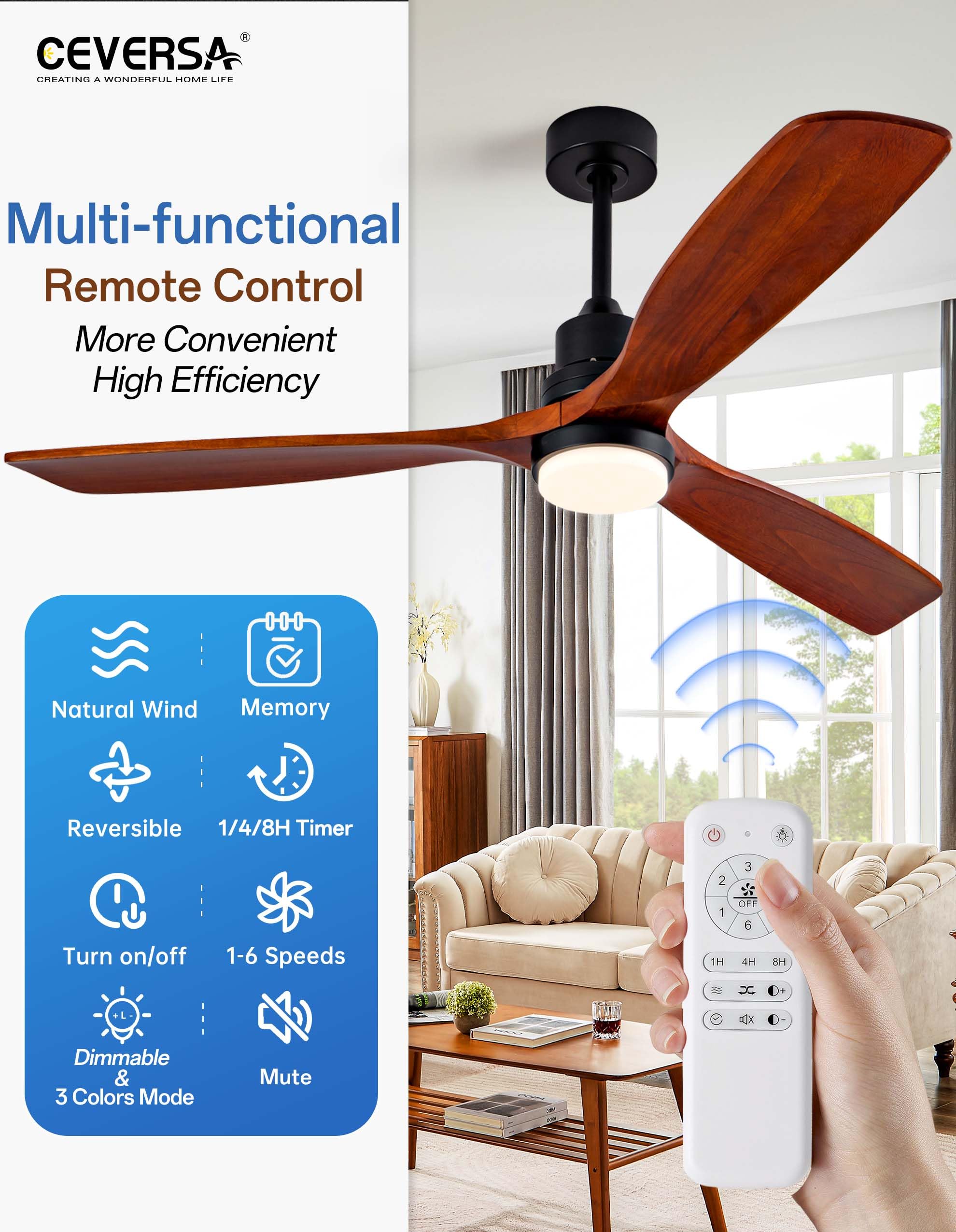 Ventiladores de techo de 60 pulgadas con luces y control remoto, ventilador de techo de madera para exteriores para porche con luz LED regulable, 3 aspas de nogal, motor CC reversible sin