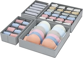 Drawer Organizers for Clothing, Sock Underwear Organizer, Fabric Dresser Drawer Organizer, Closet Organizers and Storage Bins for Bras, Socks, Underwear, Ties, Set of 4, Grey