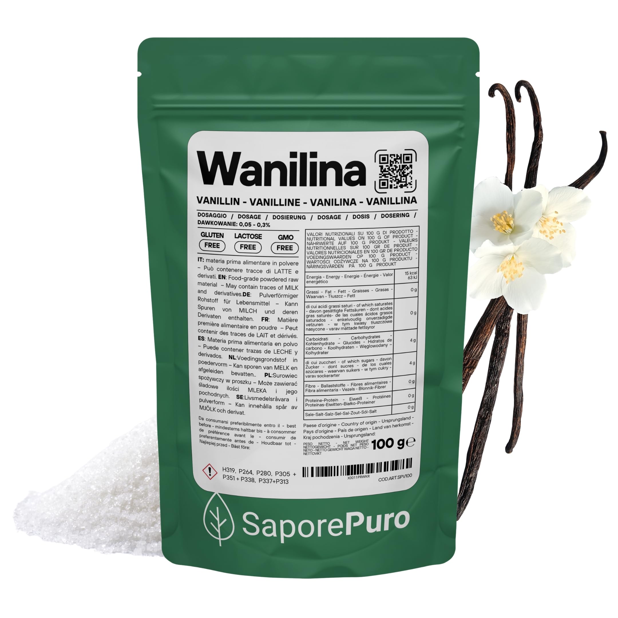 SaporePuro Czysta Wanilina w Proszku 100 g – Aromat Waniliowy Bezglutenowy do Ciast, Ciasteczek, Kremów i Lodów – Certyfikowana Jakość Spożywcza