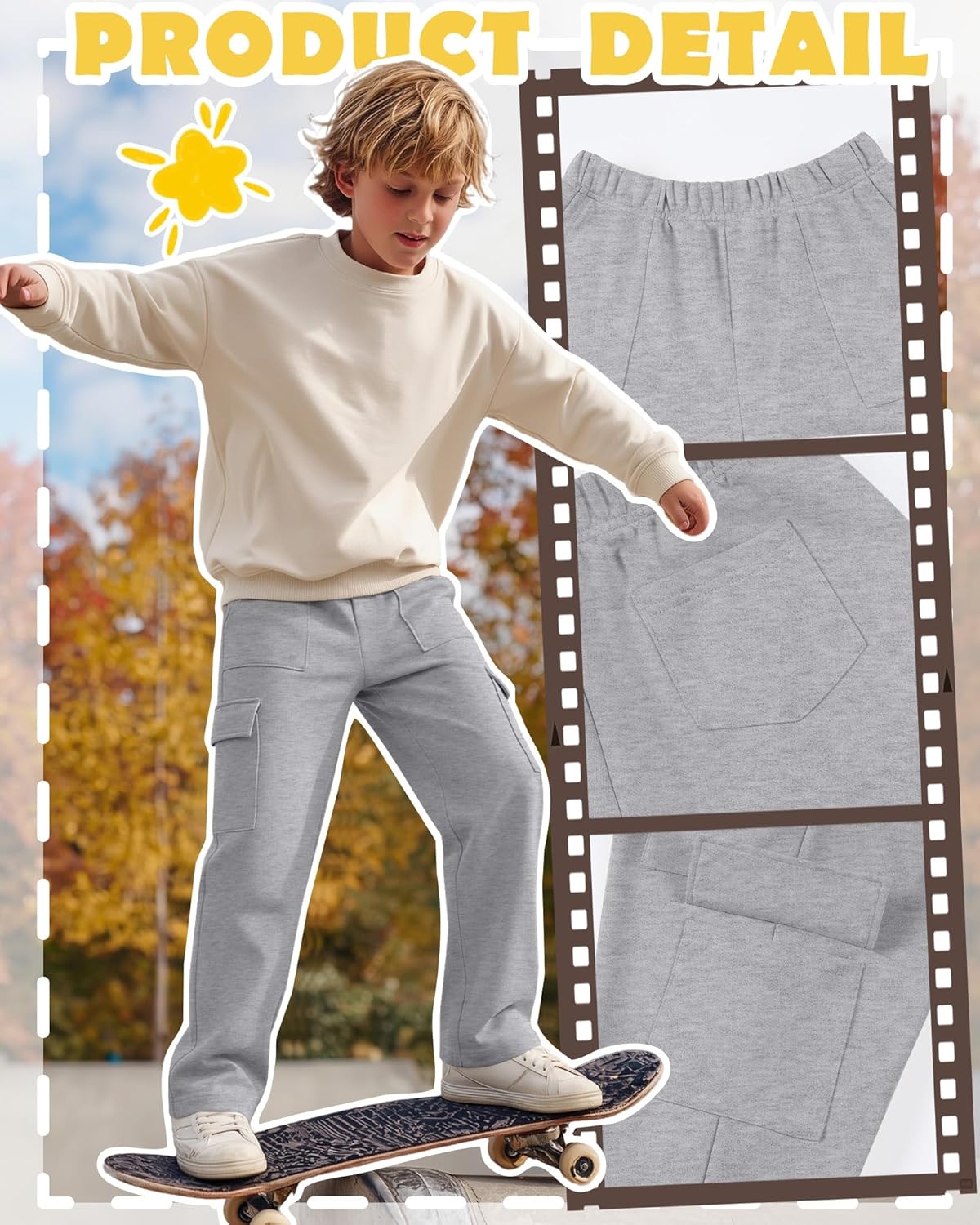 5 Pack Boy's Cargo Sweatpants Straight Leg Baggy Open Bottom Pants Athletic Joggers with 5 Pockets