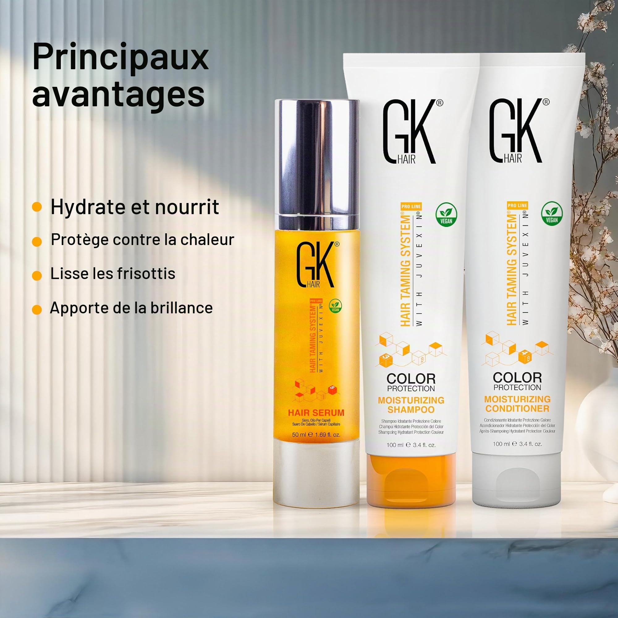 GK HAIR Global Keratin Moisturizing Shampoo and Conditioner Sets (3.4 Fl Oz/100ml) with Anti Frizz Serum Argan Oil (1.69 Fl Oz/50ml) for Dry Damaged Repair - All Types Sulfate Paraben Free Unisexe