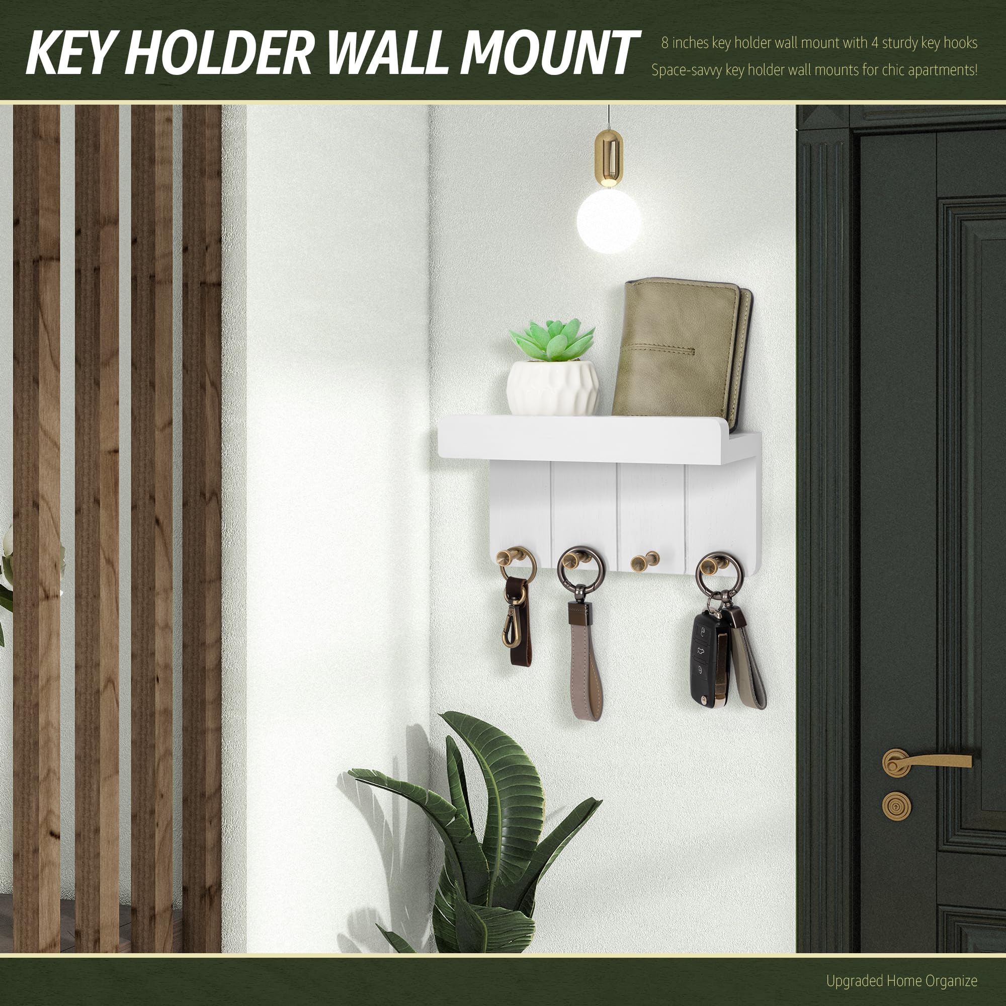 Rebee Vision Small Key Holder Wall Mount - Aesthetic Room Decor with 4 Study Hooks and Mini Floating Shelf - Ideal Apartment Essentials for Farmhouse Living Room and Home Decor (Modern White)