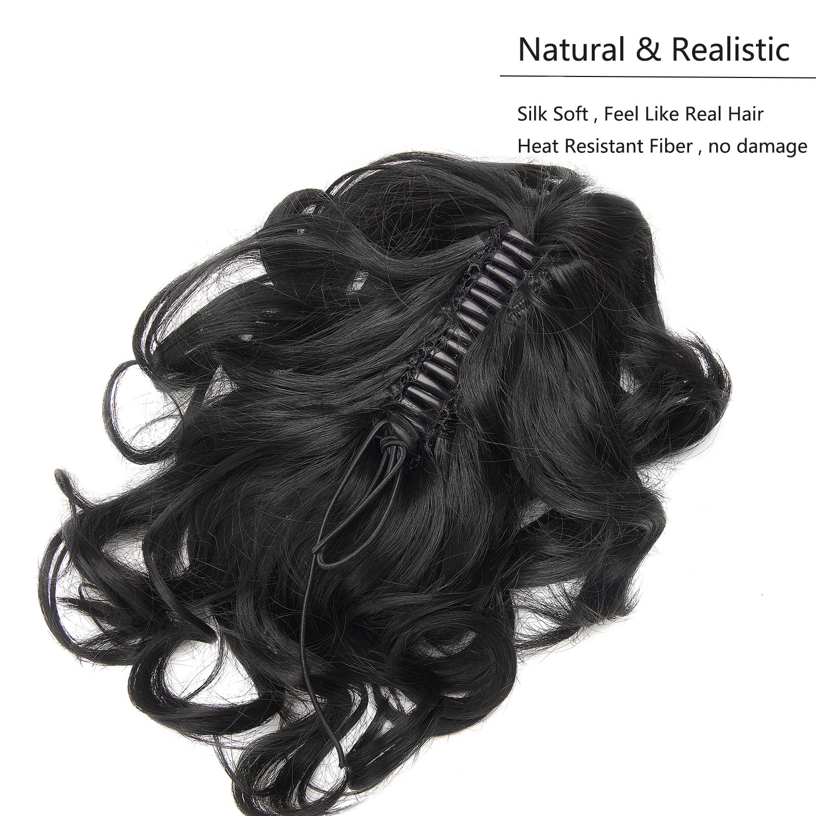Cybelleza 14 inch Ponytail Hair Extension Curly Wavy Claw Jaw on Long Short Cute Pony Tails Clip in Hair Extensions Ponytail Hairpieces Synthetic for Women Black - Image 3