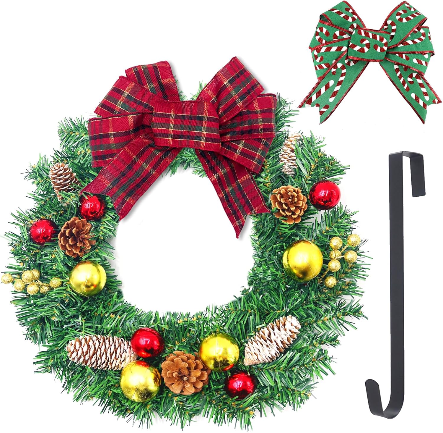 Wreaths for Christmas Décor, Christmas Wreaths for Windows with Pine Cones, Ball Ornaments and 2 Premium Bows, Great X’mas Decorations for Front Door, Indoor and Outdoor, 18 inches