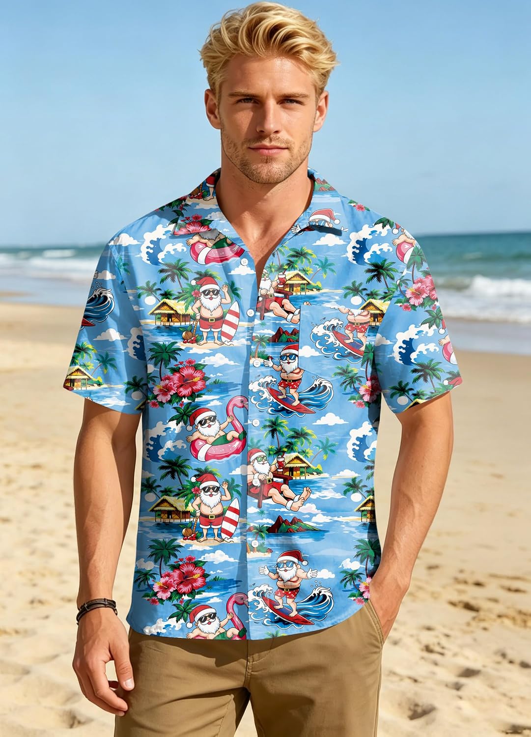 Christmas in July Shirts for Men Hawaiian Xmas Button Down Shirt Ugly Santa Claus Holiday Graphic Short Sleeve Tops
