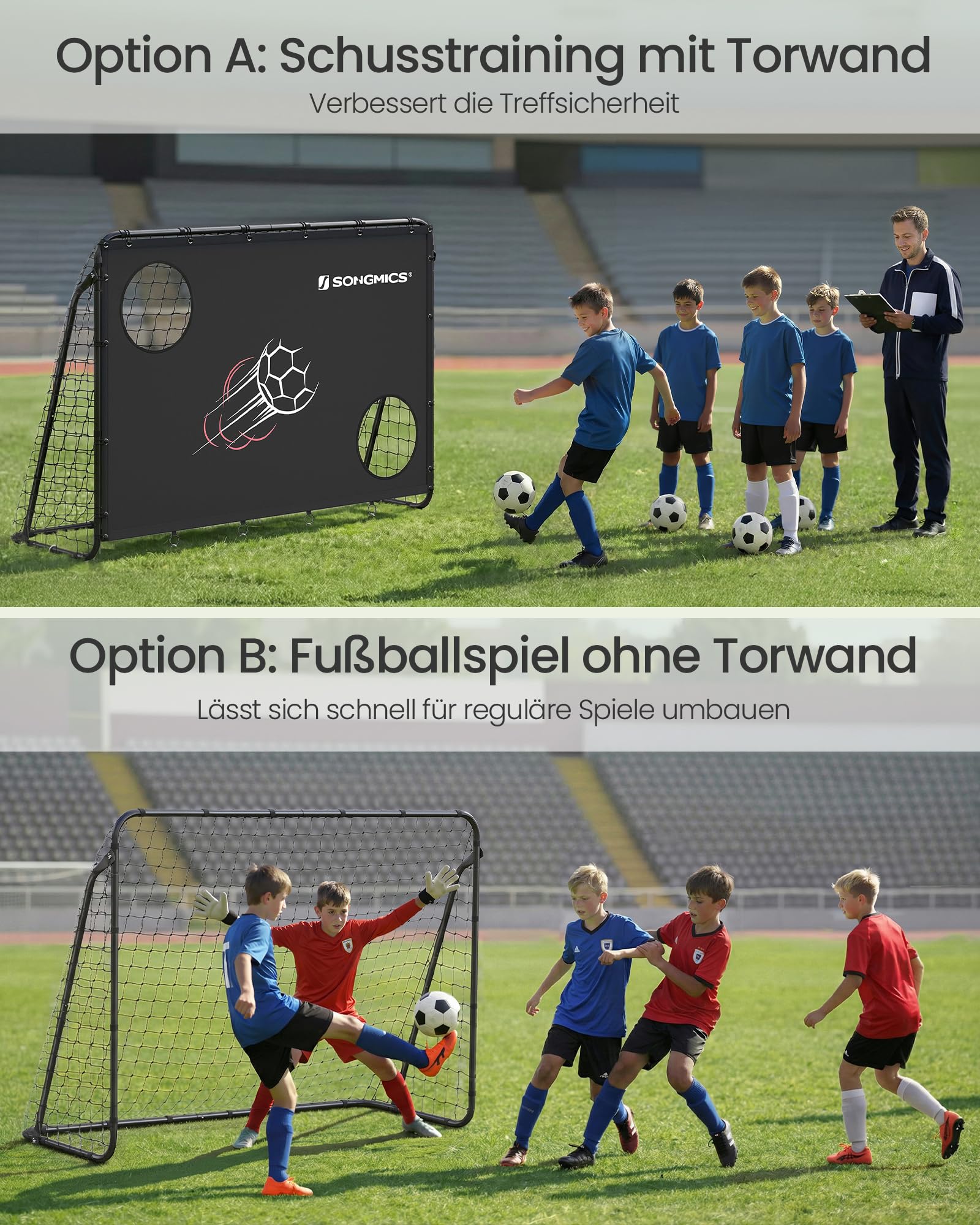 SONGMICS Fußballtor, mit Torwand, für alle Altersgruppen, Stahlrohre, PE-Netz, Outdoor, Garten, Strand
