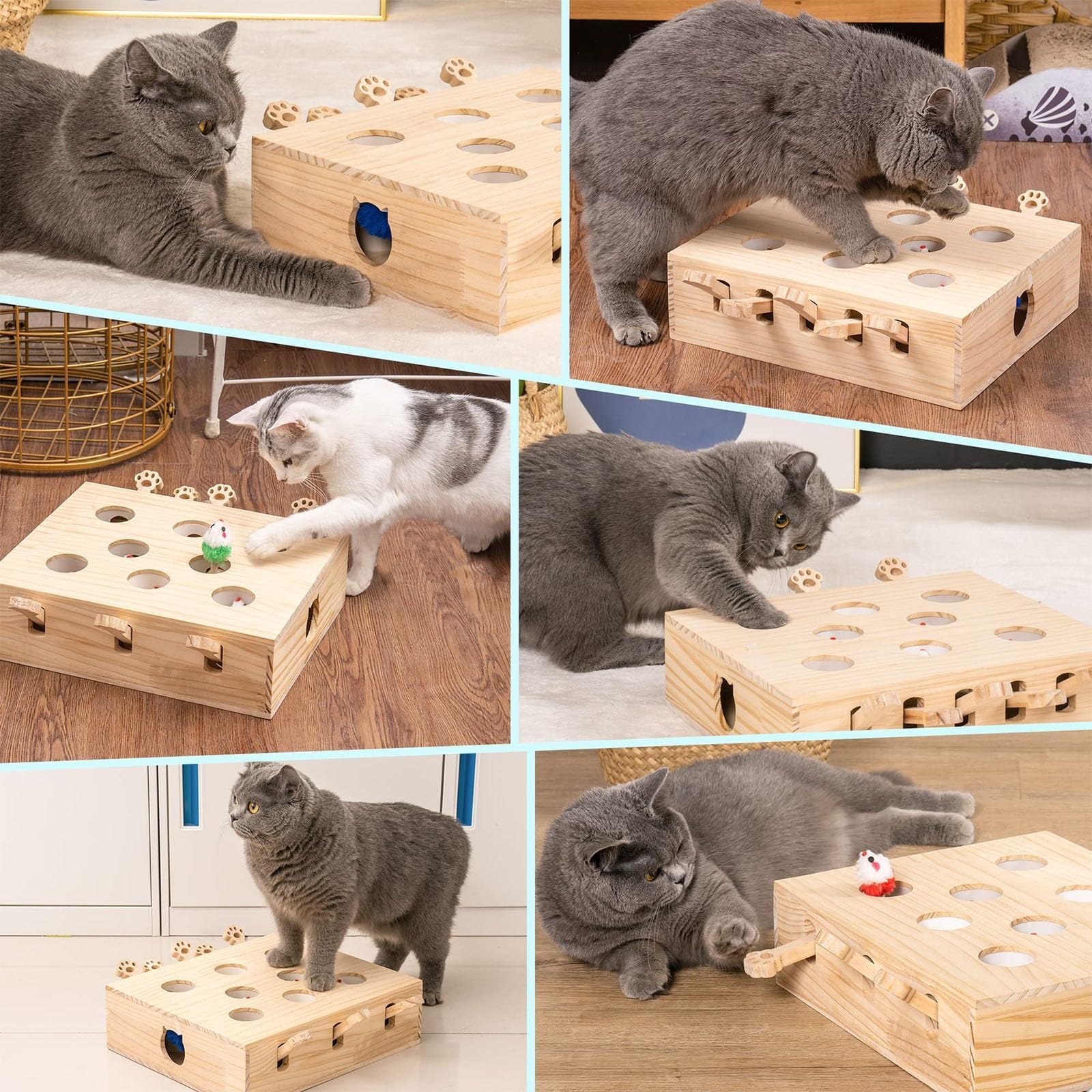 Juguetes Interactivos De Madera Maciza, Juguete Interactivo Simulado para Gatos, Juguete Whack-A-Mole, Juego para Atrapar Ratones para Gatos De Interior