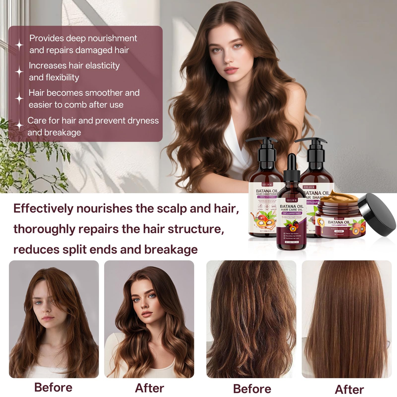 batana Traitement à l'huile pour cheveux 4 pièces, shampoing et après-shampooing, huile pour croissance des cheveux, crème capillaire