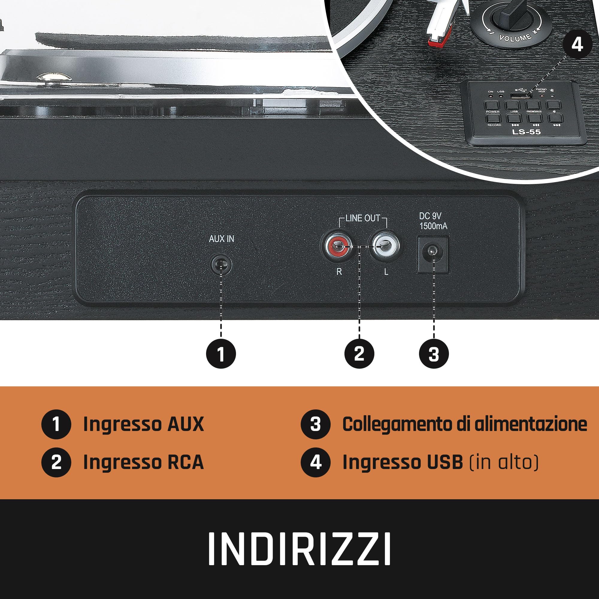 Giradischi Lenco LS-55 con altoparlanti integrati - Ricezione Bluetooth - Codifica diretta MP3 su supporti di archiviazione - 2 x 5 Watt RMS - Ingresso USB - AUX - Marrone