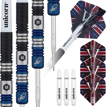Unicorn Professional Darts Set | James 'The Machine' Wade | 90% Tungsten Barrels with Two-Tone Blue & Black Titanium Coatings | Steel Tip Volute Points | 21, 23 or 25 g