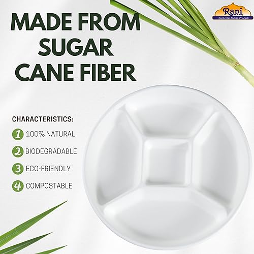 Miniatura 3 de Rani - Platos divididos redondos biodegradables de 9 compartimentos, paquete de 25  Party Thali, Buffet, desechables y ecológicos, bagazo de papel