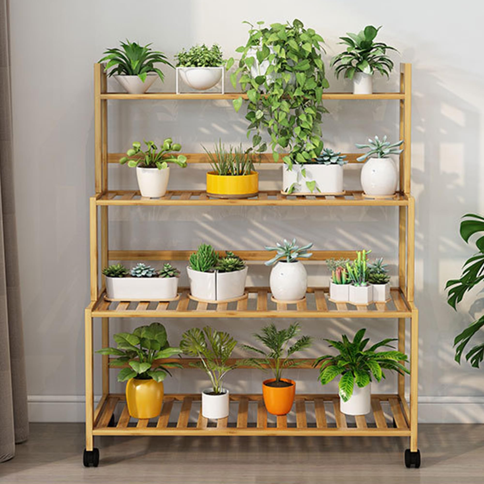 YYW Pflanzenregal aus Bambus Blumenständer für innen draußen, 4 Ebenen-80CM | Bambusholz Vielseitiger Pflanzenständer für Blumentöpfe, Kräuter & Deko, Platzsparendes, für Balkon, Terrasse oder Garten