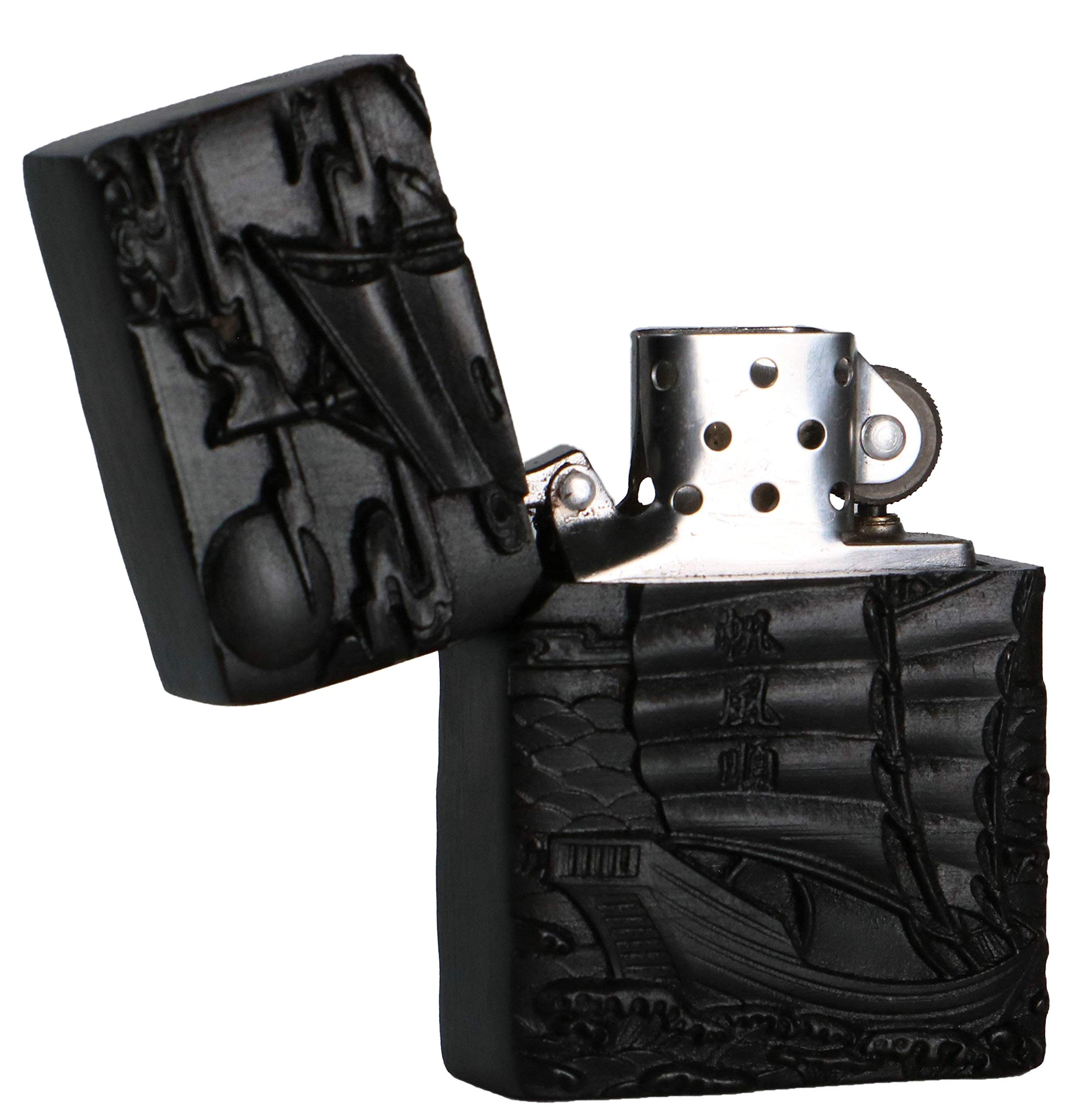 Custodia In Legno D'Ebano Intagliata A Mano Per Accendino Zippo - Modello Lotus Fish, Contenitore Naturale Nero