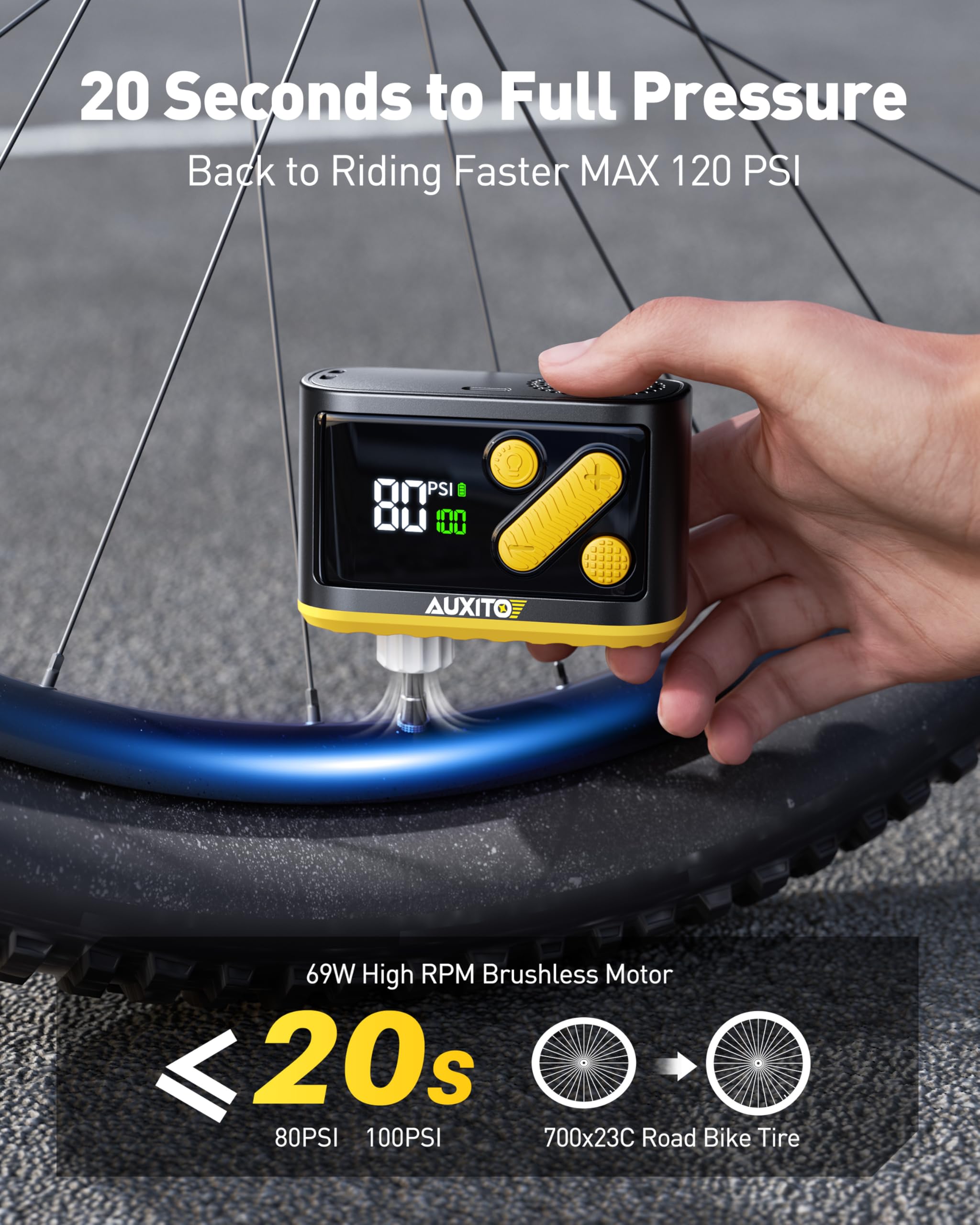 AUXITO Bike Pump, Mini Electric Bicycle Pump with Guage 30s Fast Inflate, 120PSI Bike Tire Pump with Presta & Schrader Valve Adaptor, Bike Accessories for Road Mountain Bike, E-Bike, Motorcycle