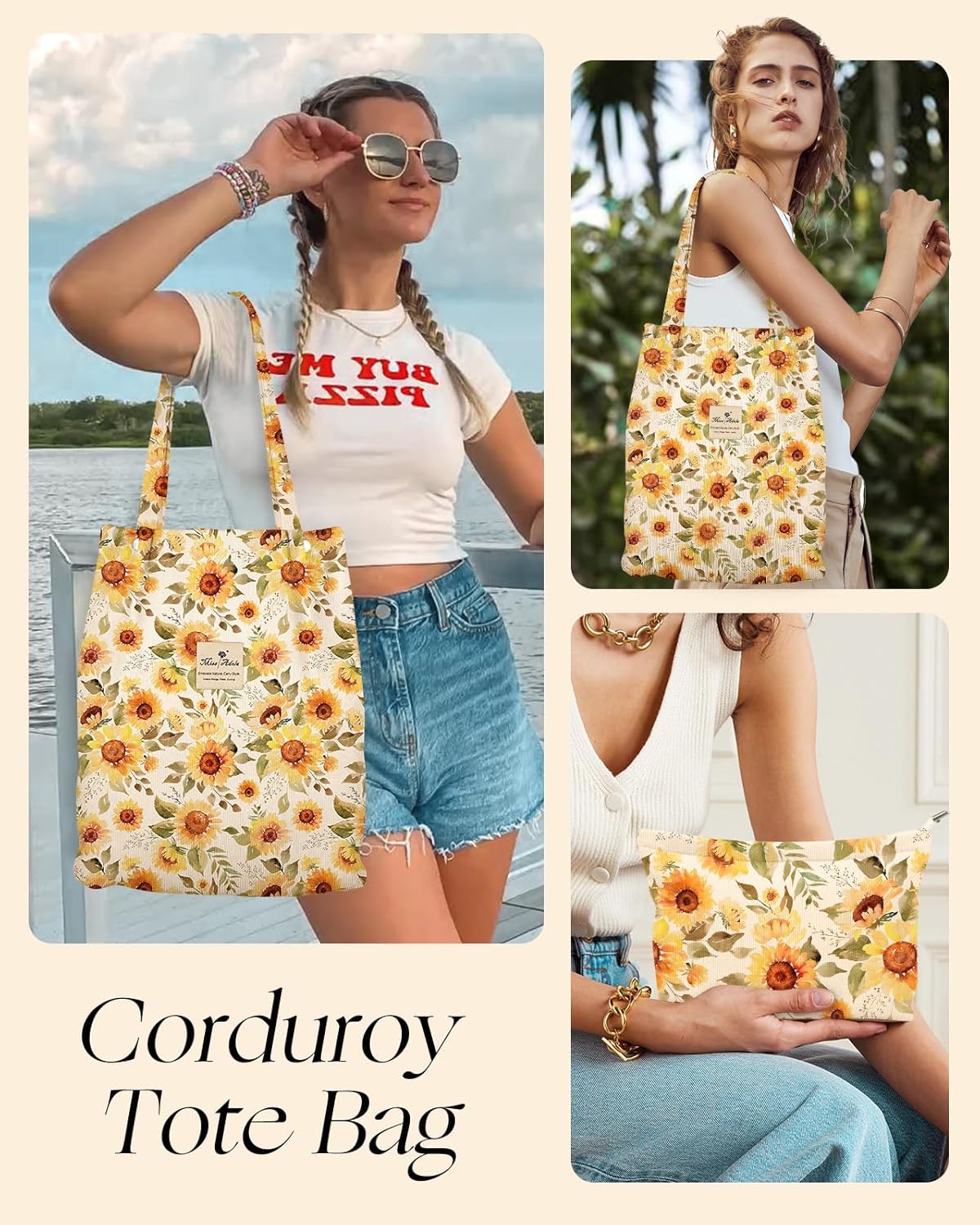 Aesthetic 2 Pack Corduroy Tote Bag - with Makeup Pouch Bag for Women Reusable Grocery Bag for Gym, Travel, Work - Image 6