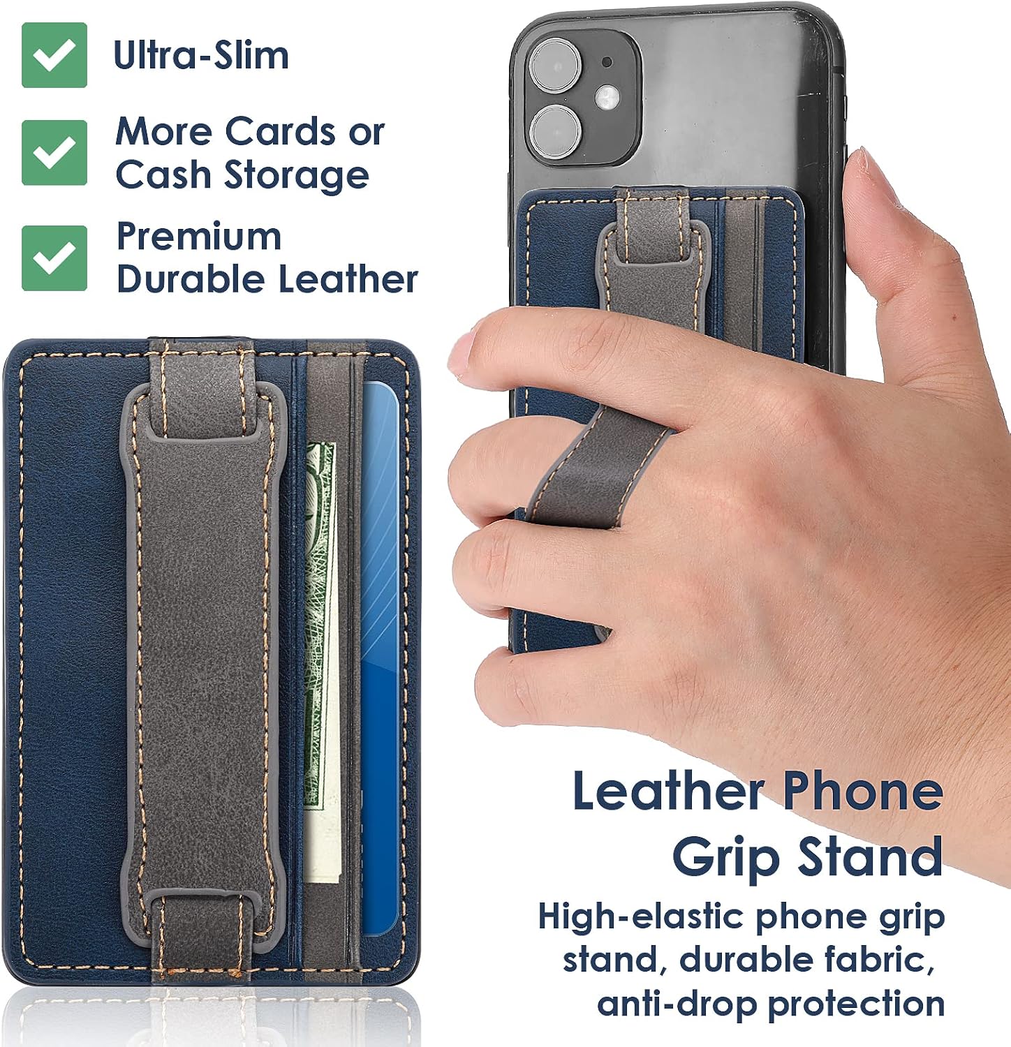 Cobee Cell Phone Card Holder Pouch, Self-Adhesive Phone Kickstand with Elastic Band Stick on Wallet Card Holder for Back of Phone Case Leather ID Card Holder Sleeve Pouch Credit Card Grip Holder(Blue) image 3
