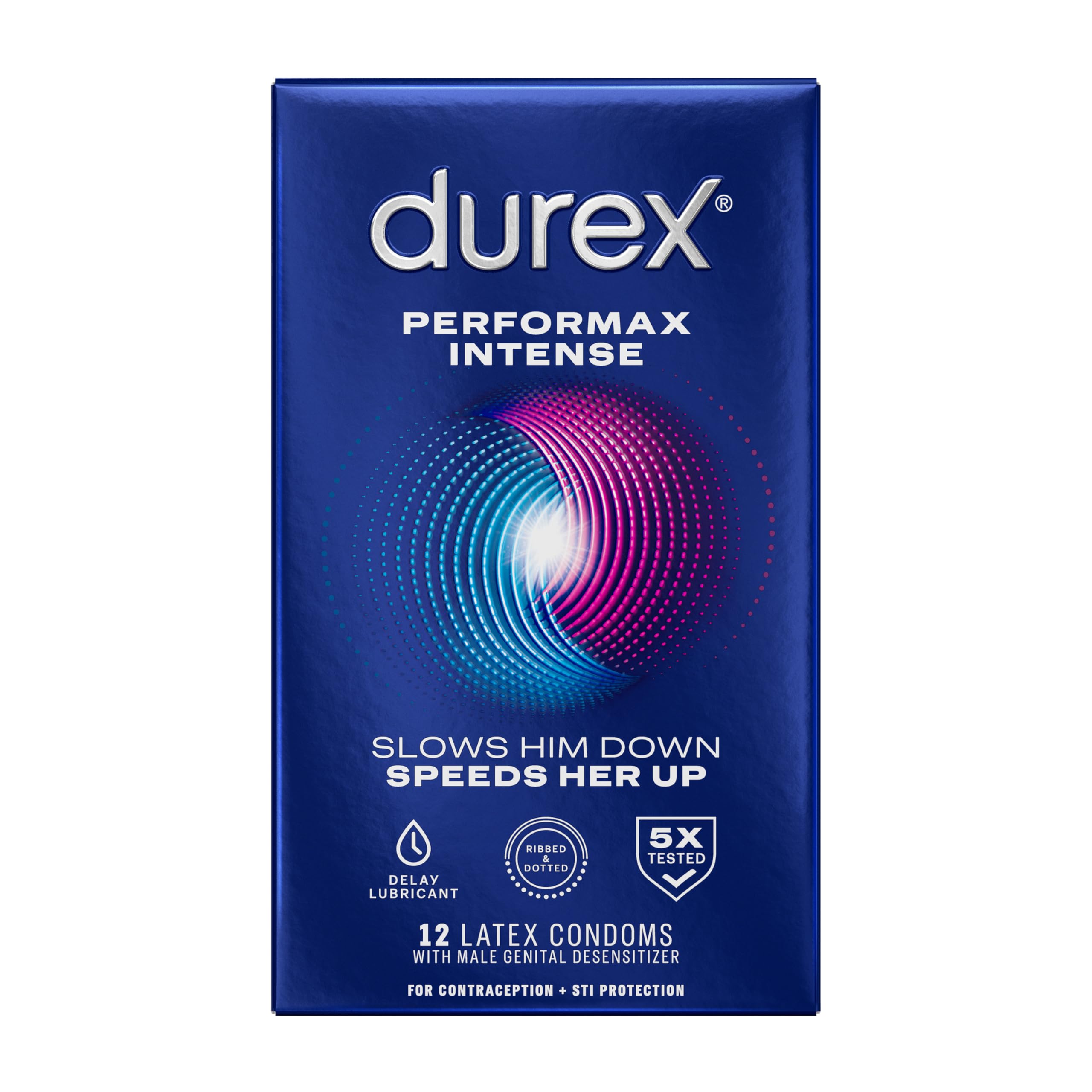 Durex Performax Intense Natural Rubber Latex Condoms, Regular Fit, 12 Count, Contains Desensitizing Lube for Men, (Packaging May Vary)