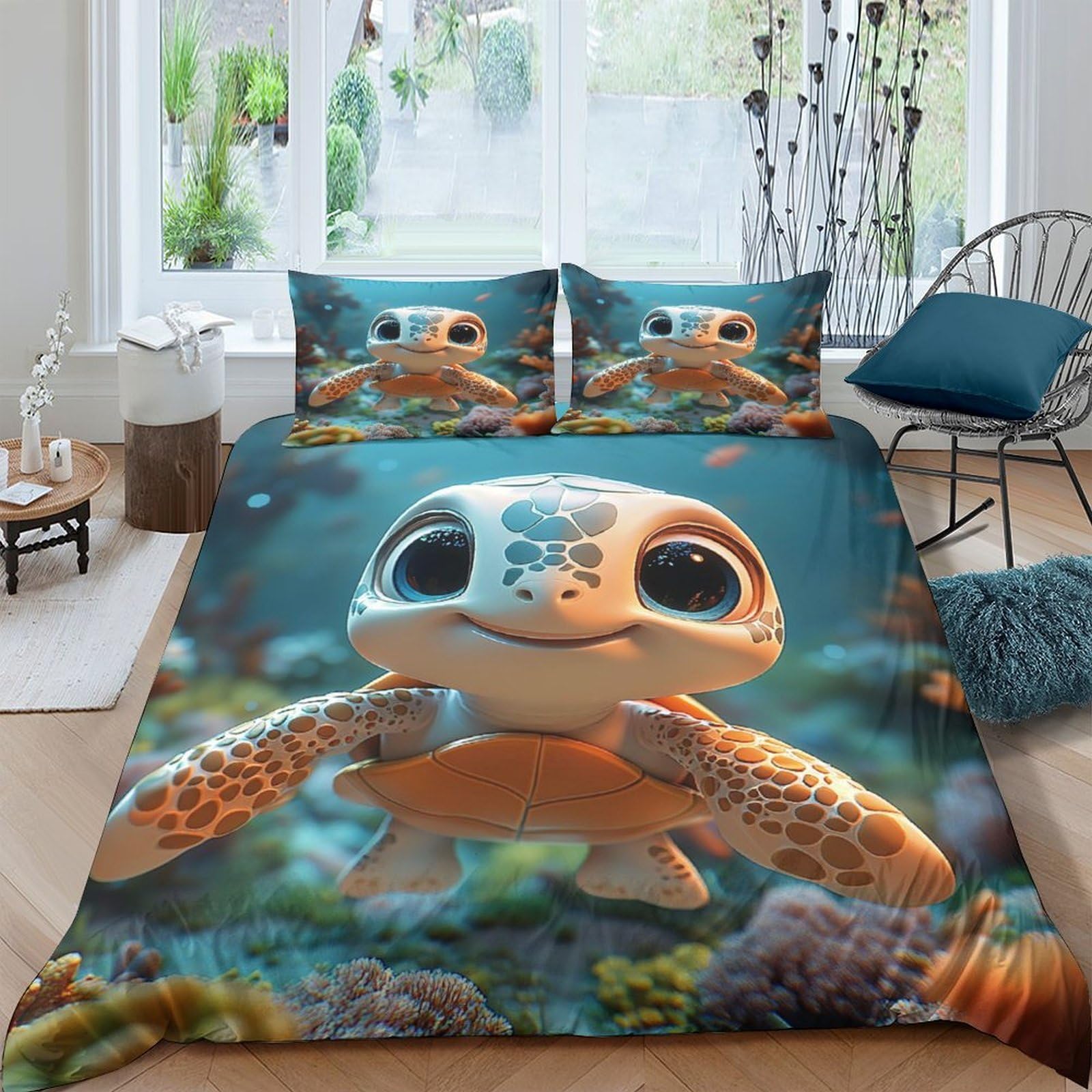 Ctjqhvkz Style-3 3D Printed Cute Sea Turtle Fitted Sheet Microfiber Soft Breathable Ocean Underwater Bed Cover For Bedroom Decor Single（135X200cm）