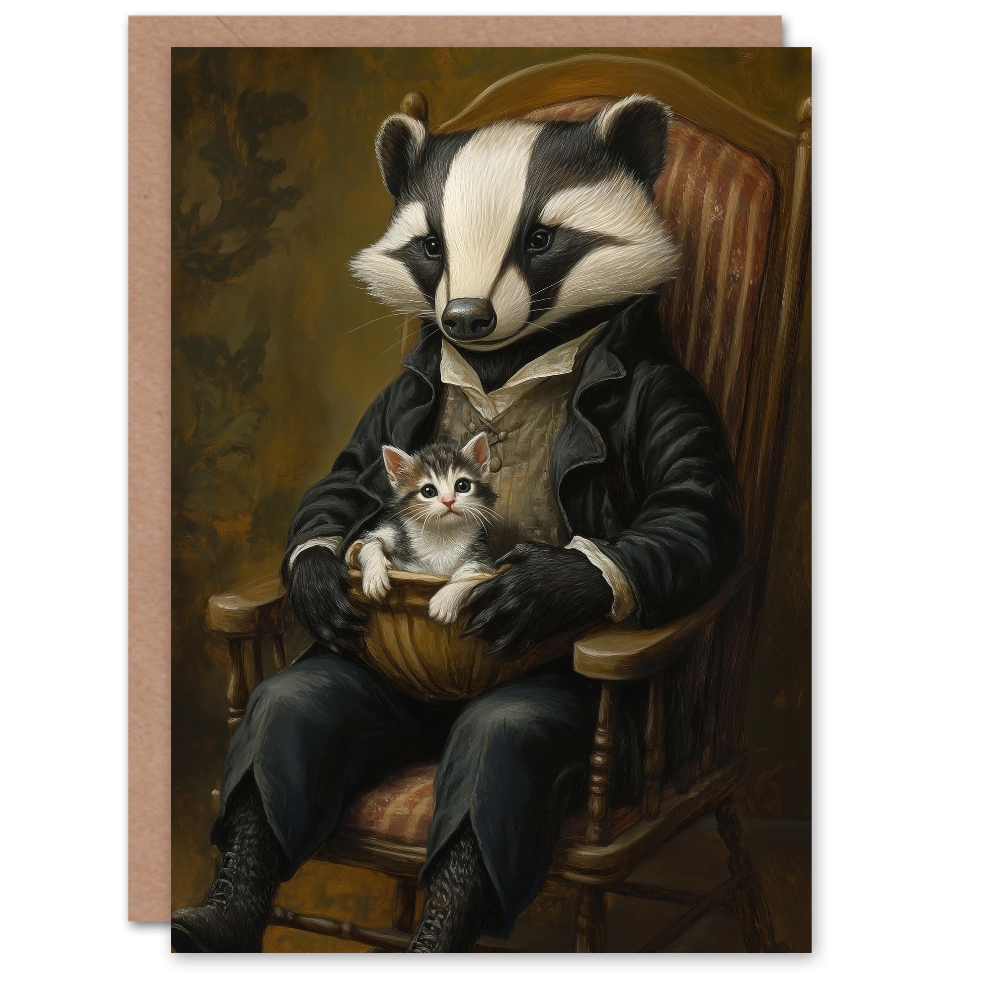 Artery8 Greeting Card Victorian Animals Fantasy Badger with a Kitten Blank For Him Or Her Art Birthday Card