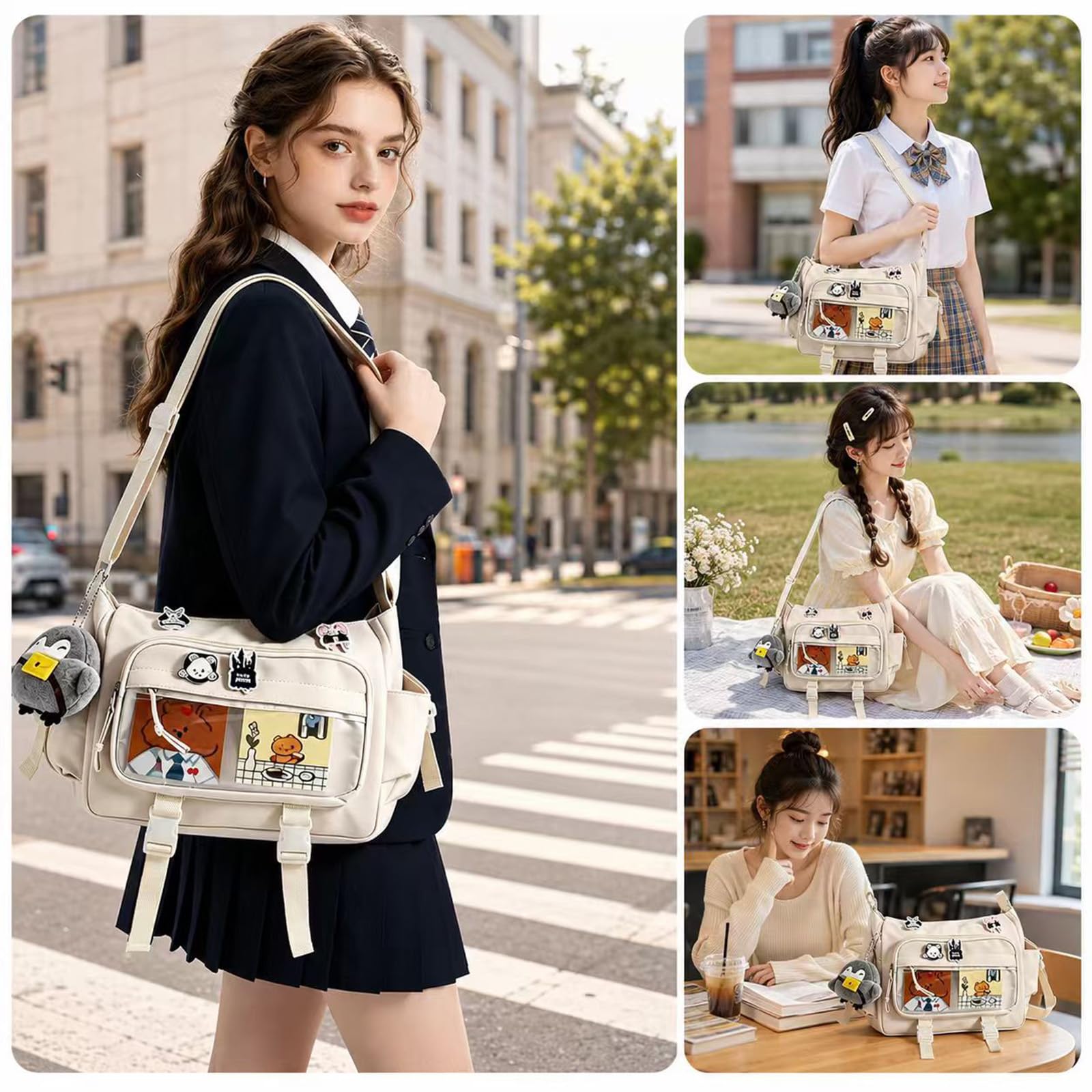 Borsa Ita, borsa a tracolla Y2K, borsa a tracolla da donna Ita in tela con spilla e ciondolo, borsa leggera, borsa a tracolla Kawaii