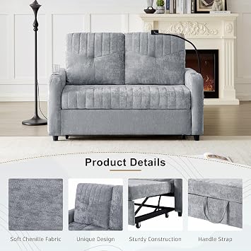 Sofa Bed, 53.9 Modern Loveseat Pull-Out Sofa Bed with Adjustable Backrest, 2 Cup Holders, Phone Holder, 3 Charging Ports and Side Storage Pockets for Small Spaces, Living Room, Bedroom (Grey)