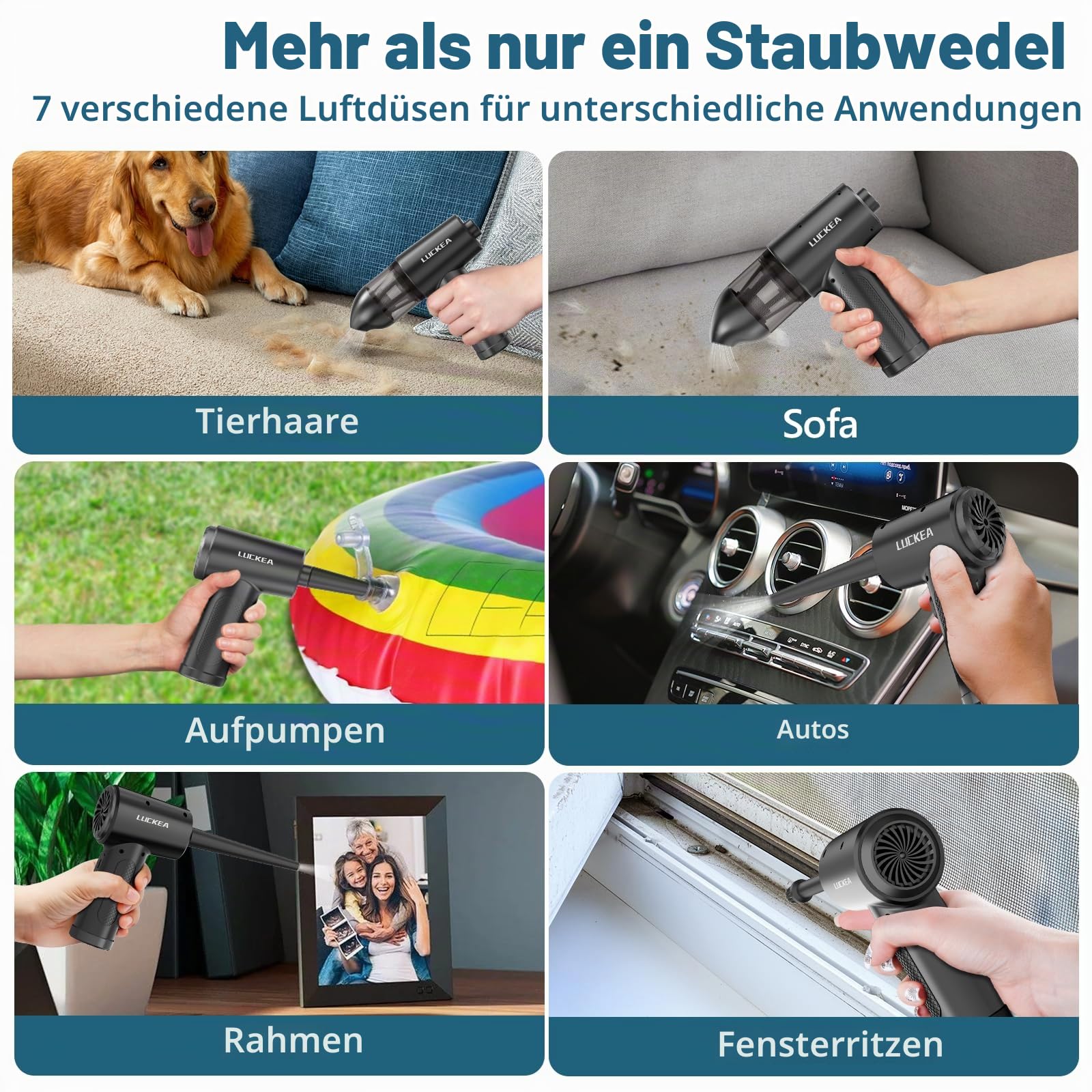 Elektrische Staubgebläse Druckluftspray für PC Reinigung - 3-Gang Air Duster mit 6000 mAh Akku, 5 Blasdüsen 2 Vakuumdüsen, 3 Antistatikbürsten, Compressed Air Luftdruckspray für Elektronik Sofa Auto