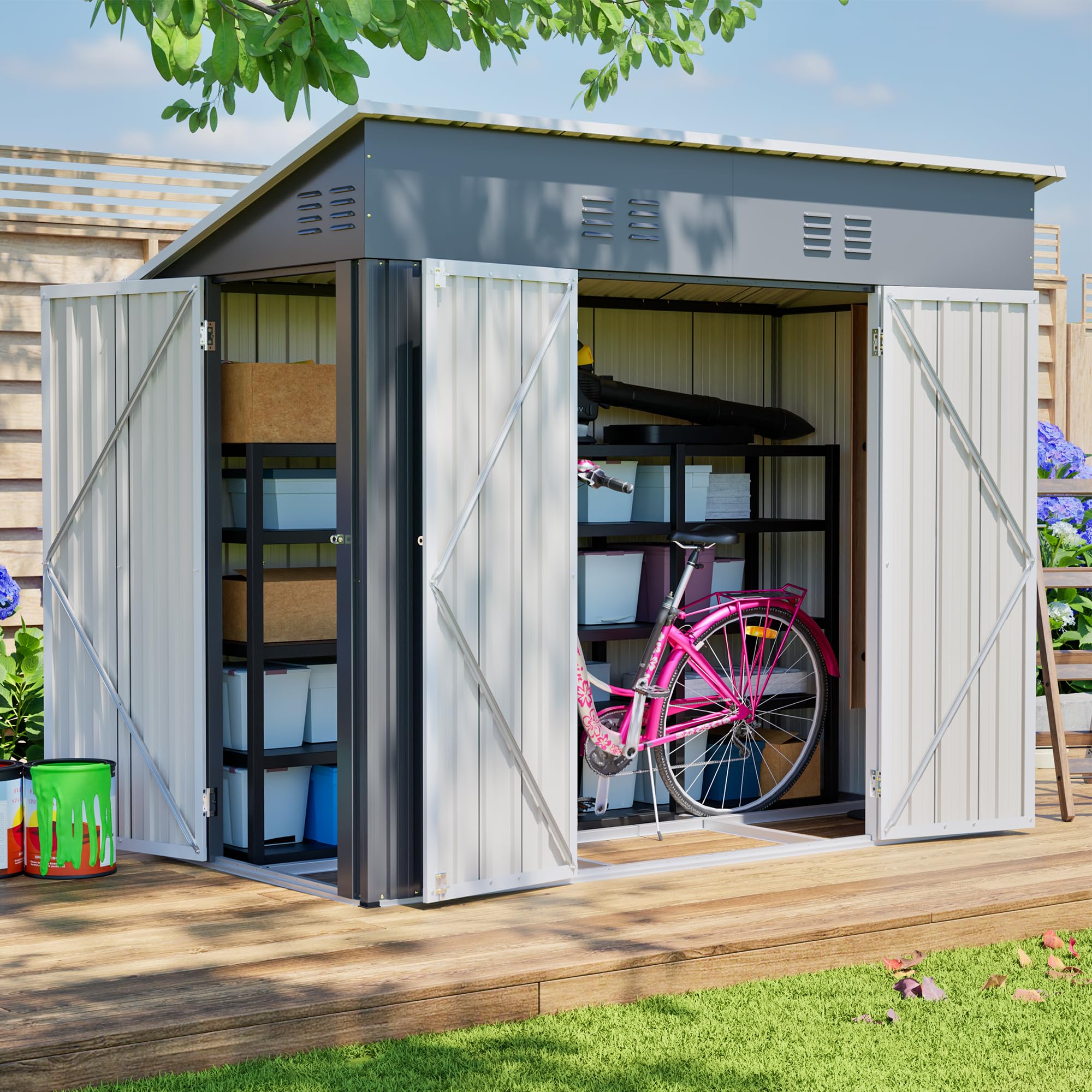 Jaxenor 8x4 FT Metal Garden Shed, Outdoor Storage Shed with 3-Door, Gray