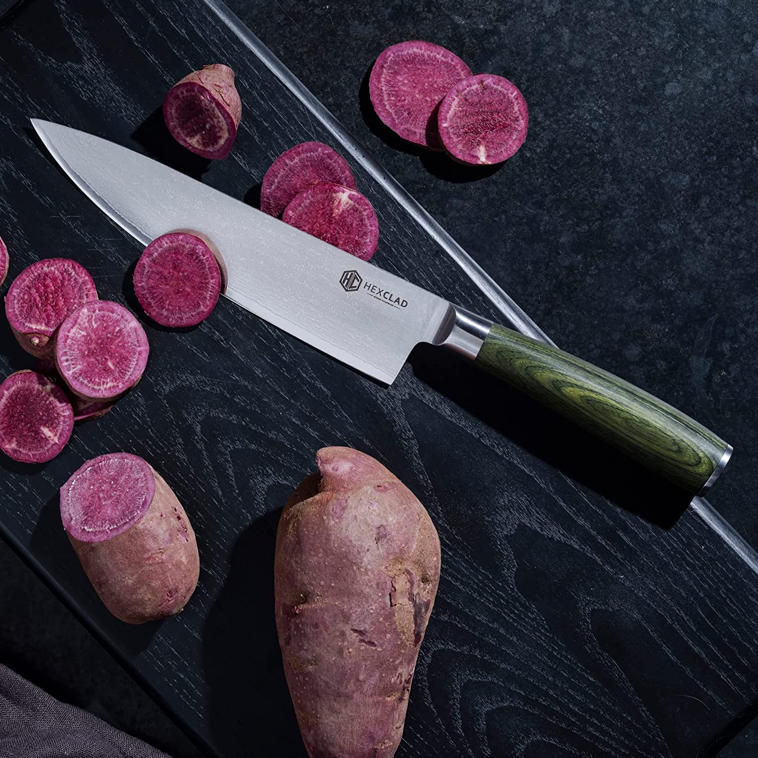 HexClad Cuchillo de Chef de 20 cm, Hoja de Acero Inoxidable de Damasco Japonés, Mango de Madera de Pakka