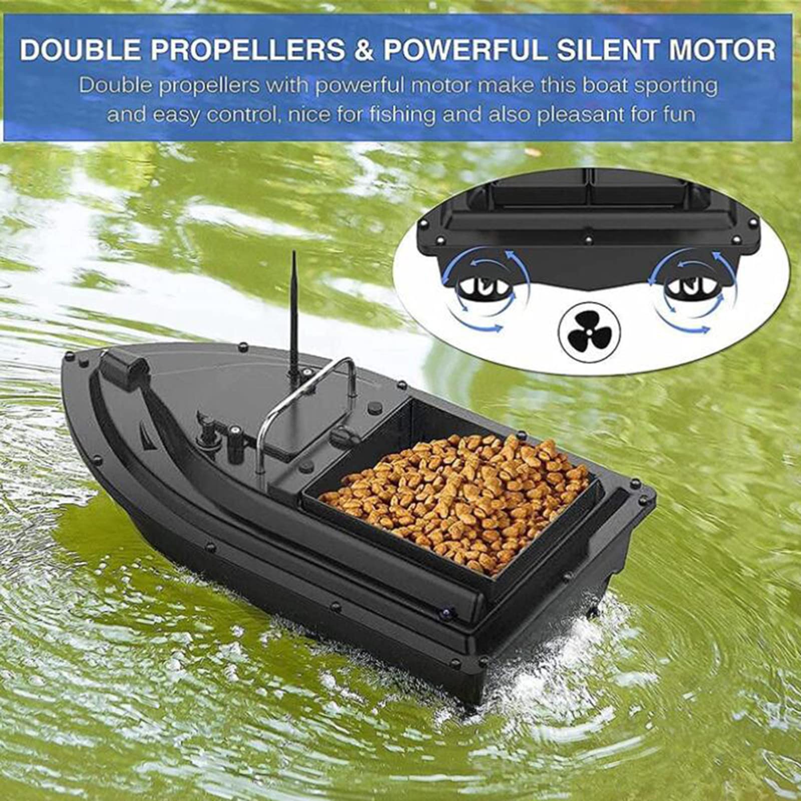 Bateau d'appât de pêche RC avec lumière LED et double moteur sans fil