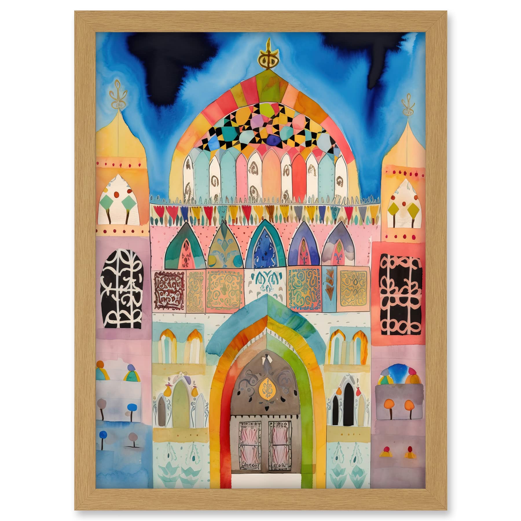 Artery8 Jewish Synagogue Decorated Facade Folk Art Watercolour Painting Artwork Framed A3 Wall Art Print