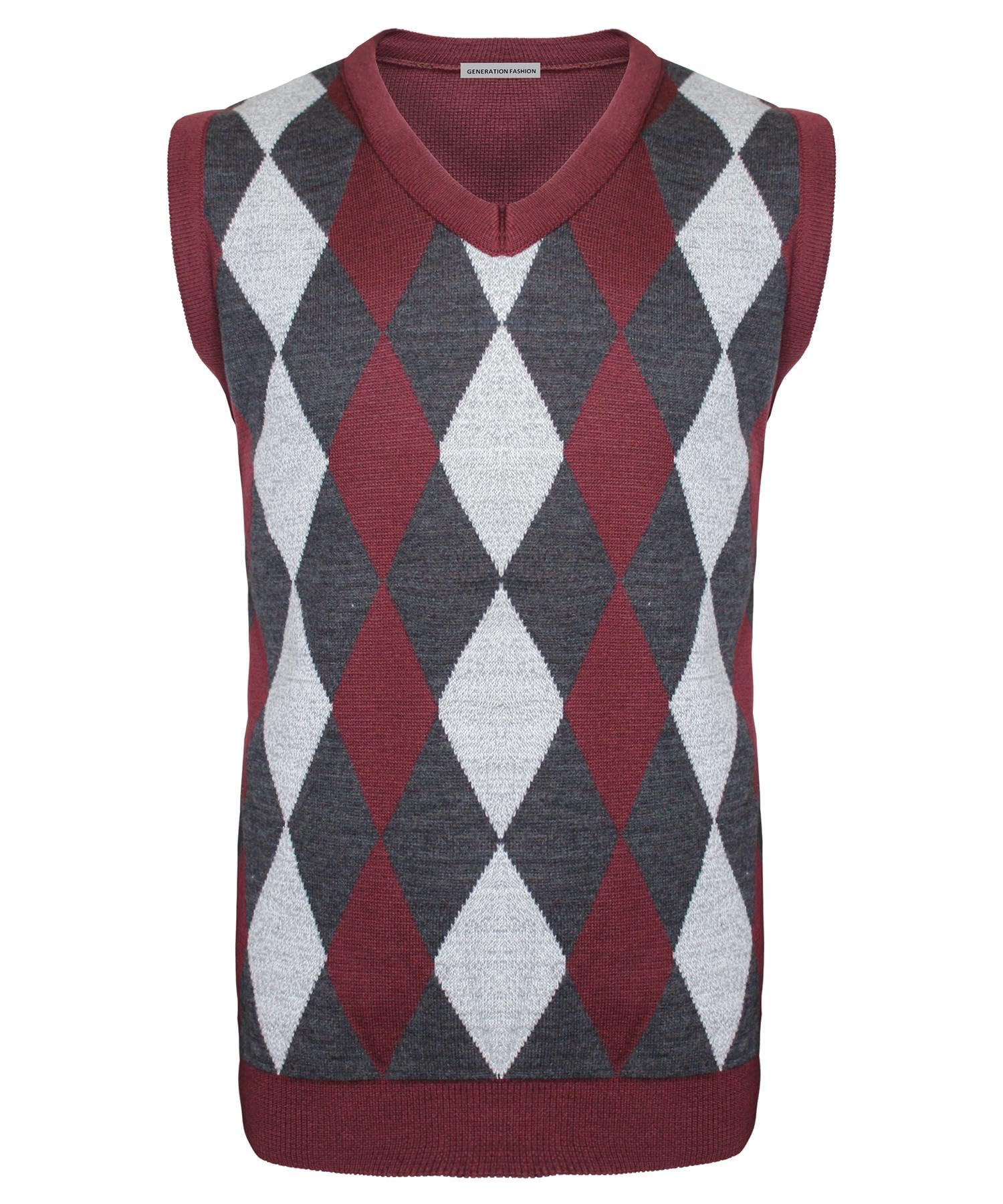 New Men Knitted V-Neck Argyle Pattern Sleeveless Jumper Top Sweater Vest with Ribbed Edge[Wine-Charcoal,L ]