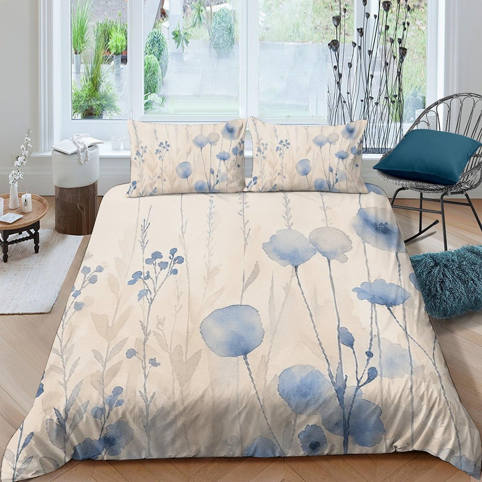 Ctjqhvkz Style-8 3D Printed Blue Poppy Fitted Sheet Microfiber Soft Floral Field Mattress Cover For Bedroom Guest Room Decor Single（135X200cm）