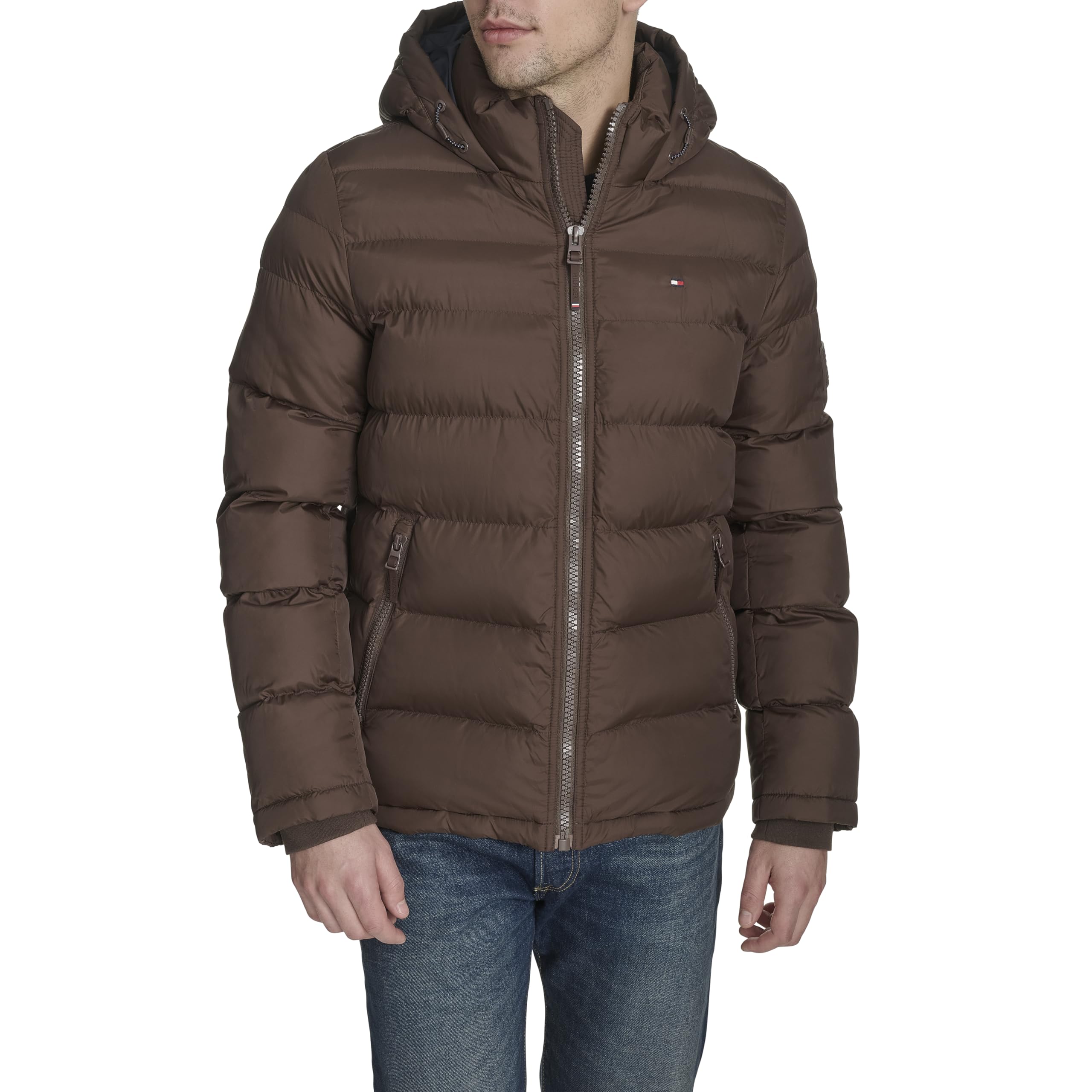 Tommy Hilfiger Men's Hooded Puffer Jacket (Standard and Big & Tall), Dark Brown, L