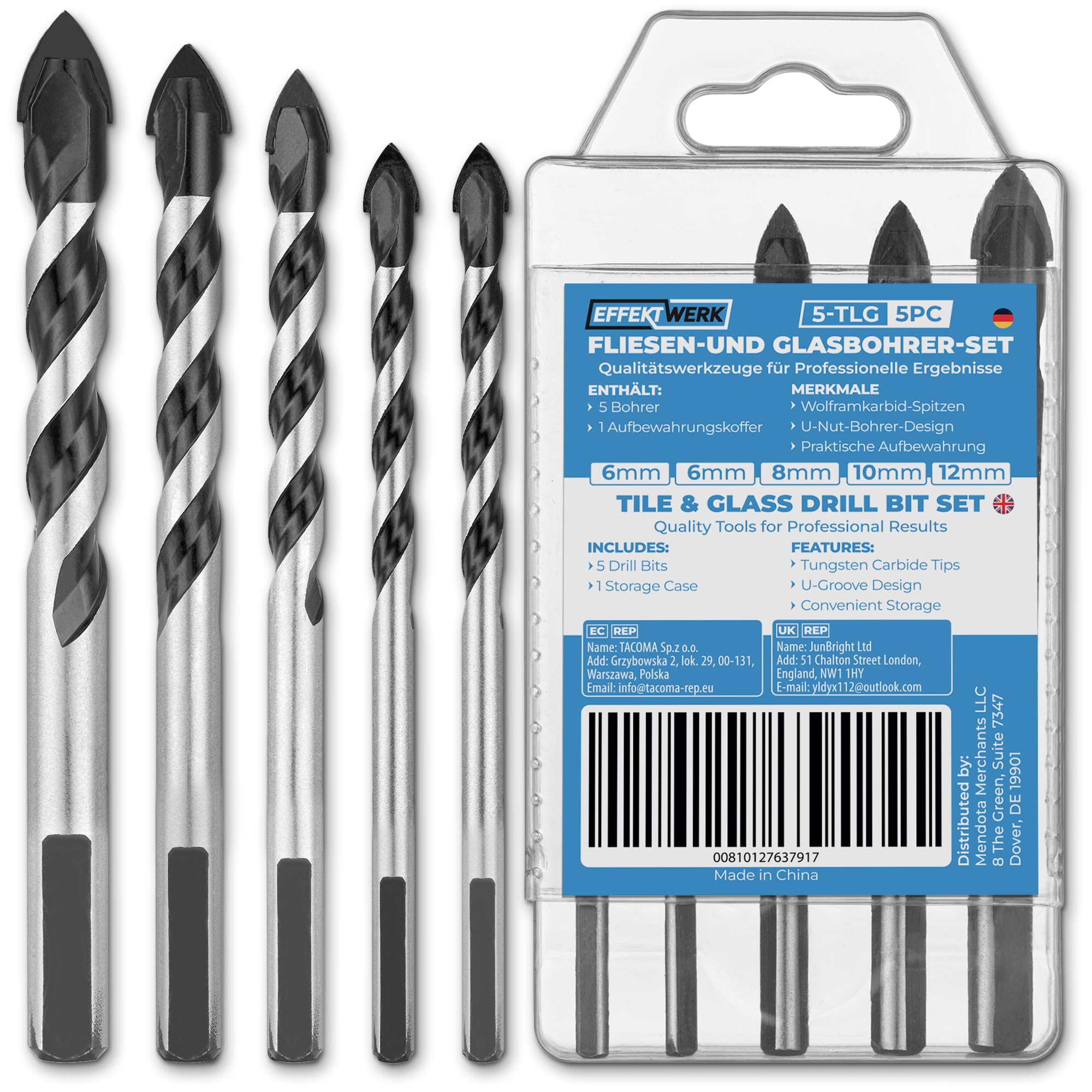 Juego de brocas para azulejos de 5 piezas - 6/6/8/10/12 mm - Punta de carburo de tungsteno con ranura en U para cerámica, hormigón, vidrio, porcelana y mampostería