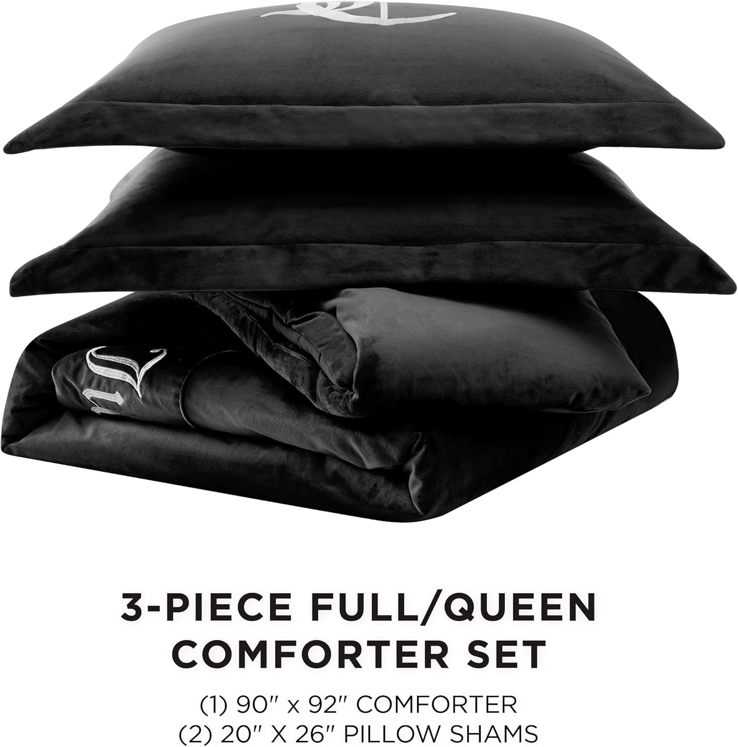 Juicy Couture - Comforter Set - Gothic Design Bedding - Full/Queen - 3 Piece Set Includes (1) 90" x 92" Comforter and (2) 20" x 26" Shams - Wrinkle Resistant - Premium Bedroom Decor - Black Black Full/Queen 3PC