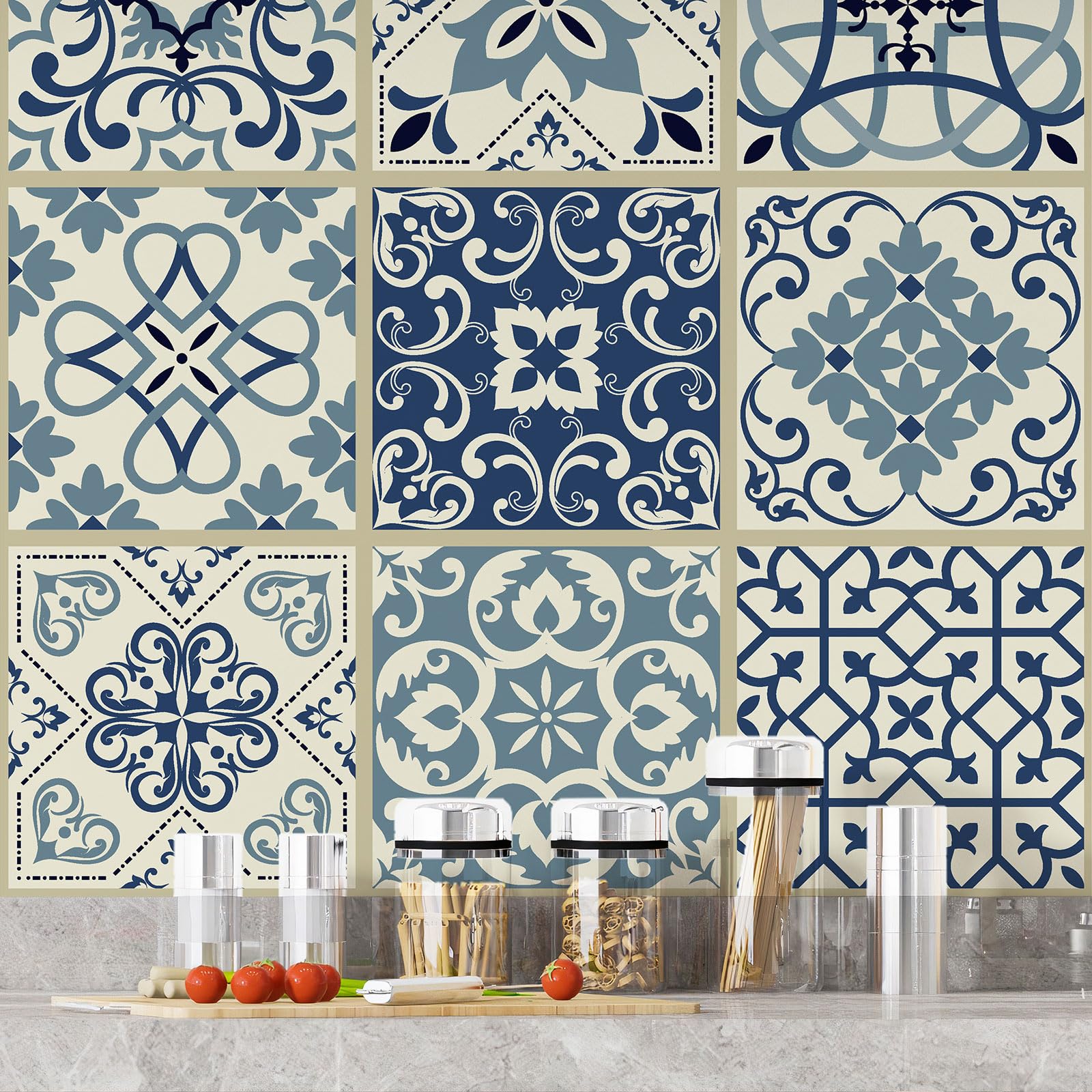 Lumalea Adesivo per cucina, effetto piastrelle di cemento, 3617682399468, adesivo + protezione lucida, 90 x 90 cm