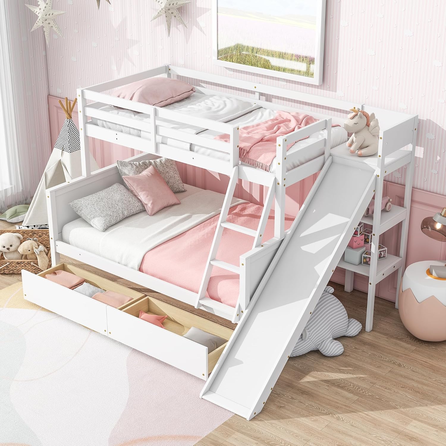 Fully assembled Polibi Twin Over Full Bunk Bed with slide, ladder, and storage drawers in a child's room.