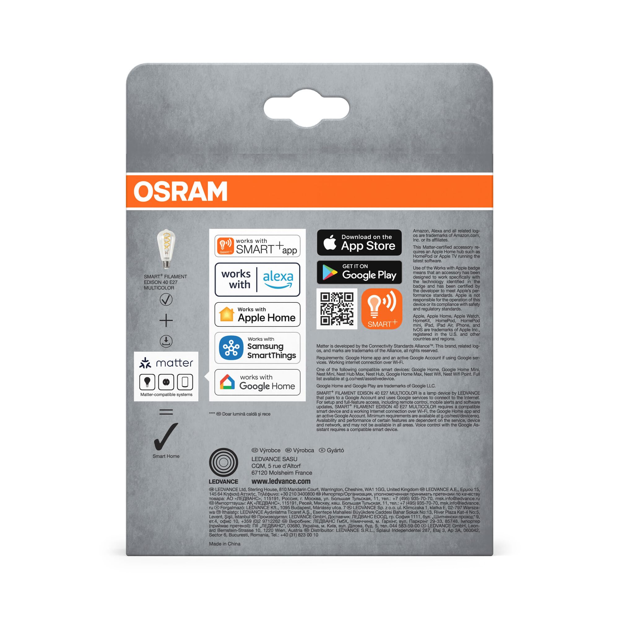 OSRAM SMART+ Bombilla Edison filament RGB (pack de 2, E27, 5W) – luz de | , LED Lamps, 64 Millimetres dia, 15000 Hours, Paquete de 2