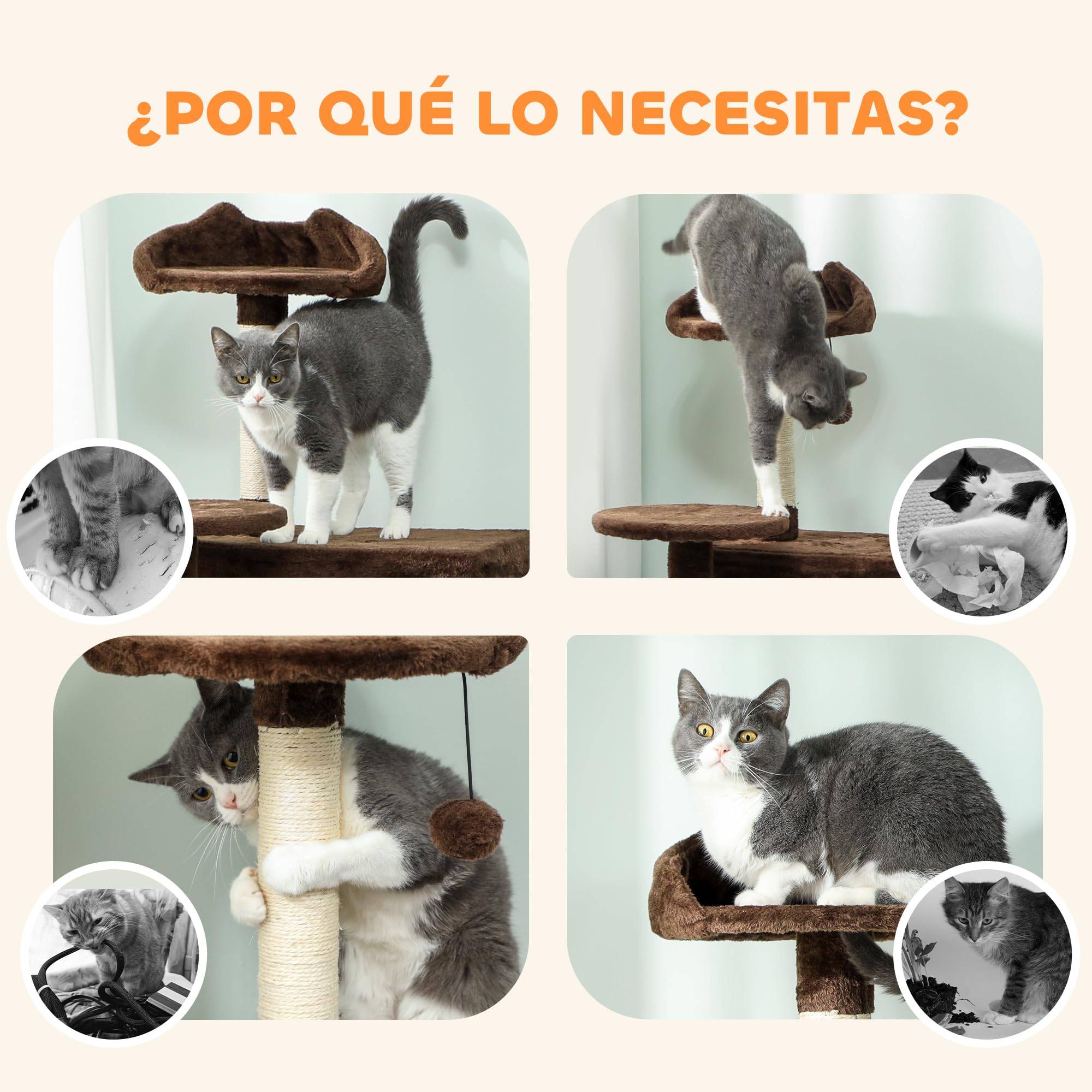 PawHut Arbre à Chat griffoir avec Tour d'escalade 180 cm Marron | Arbre à chat, plateformes multiples, lit, 2 grottes, hamac, échelle, poteaux en sisal, balles de jeu