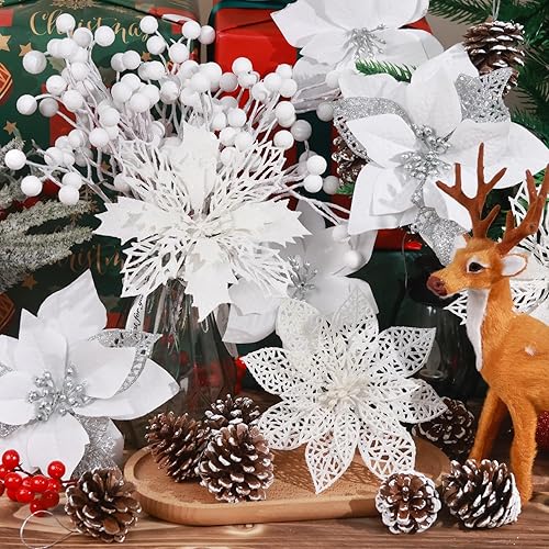 Miniatura 2 de Hommtina 56 piezas de decoraciones de Navidad, 4 estilos de flores de Pascua artificiales, bayas con purpurina, tallos de árbol con piñas y tallos