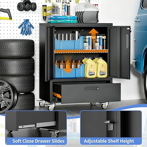 Vista 27 de Armario de almacenamiento de metal con estantes ajustables, armario de herramientas de garaje con 2 puertas con cerradura para oficina, hogar