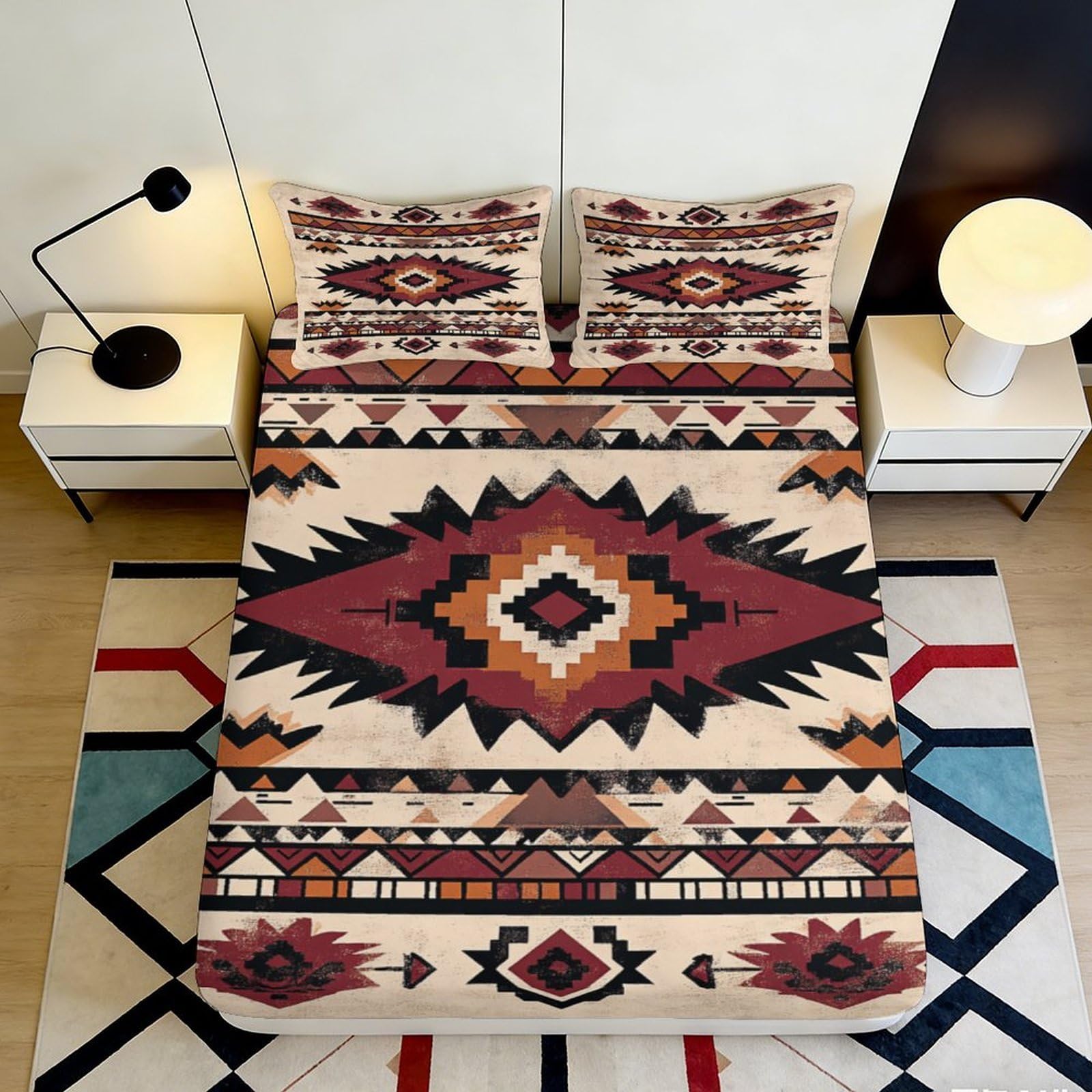 3D Printed Aztec Tribal Fitted Sheet Microfiber Soft Breathable Boho Geometric Mattress Cover for Bedroom Dorm Mattress Protection Decor 140x200x25cm
