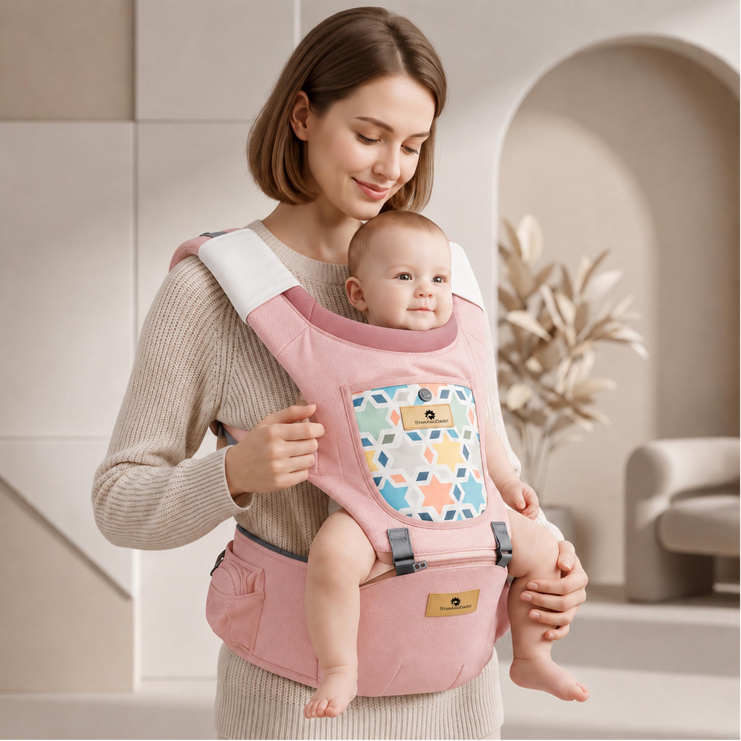 StarAndDaisy 4-in-1 Baby Carrier for 0 to 3 Year Baby/Kangaroo Bag with Comfortable Soft Hip Seat/Baby Carrier - 2 Storage Pockets, 4 Carrying Positions (Pink)-image-30