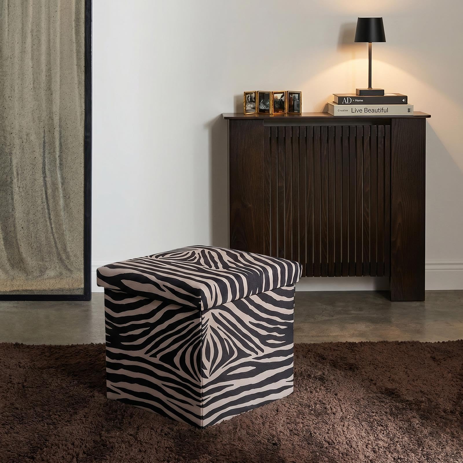 OHS Storage Ottoman Cube Matte Velvet Folding Footrest with Lid, Mono Zebra — image 1