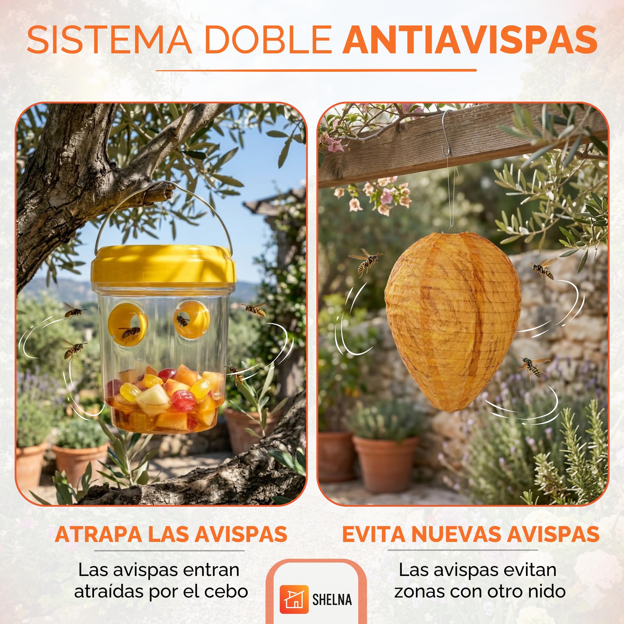SHELNA Trampa Avispas Exterior, Pack 2, Incluye Nido Repelente + Trampa para Avispas, Reutilizable y sin Químicos para Jardín, Terraza, Piscina, Barbacoas, Colmenas de Abejas y Anti Avispas Exterior