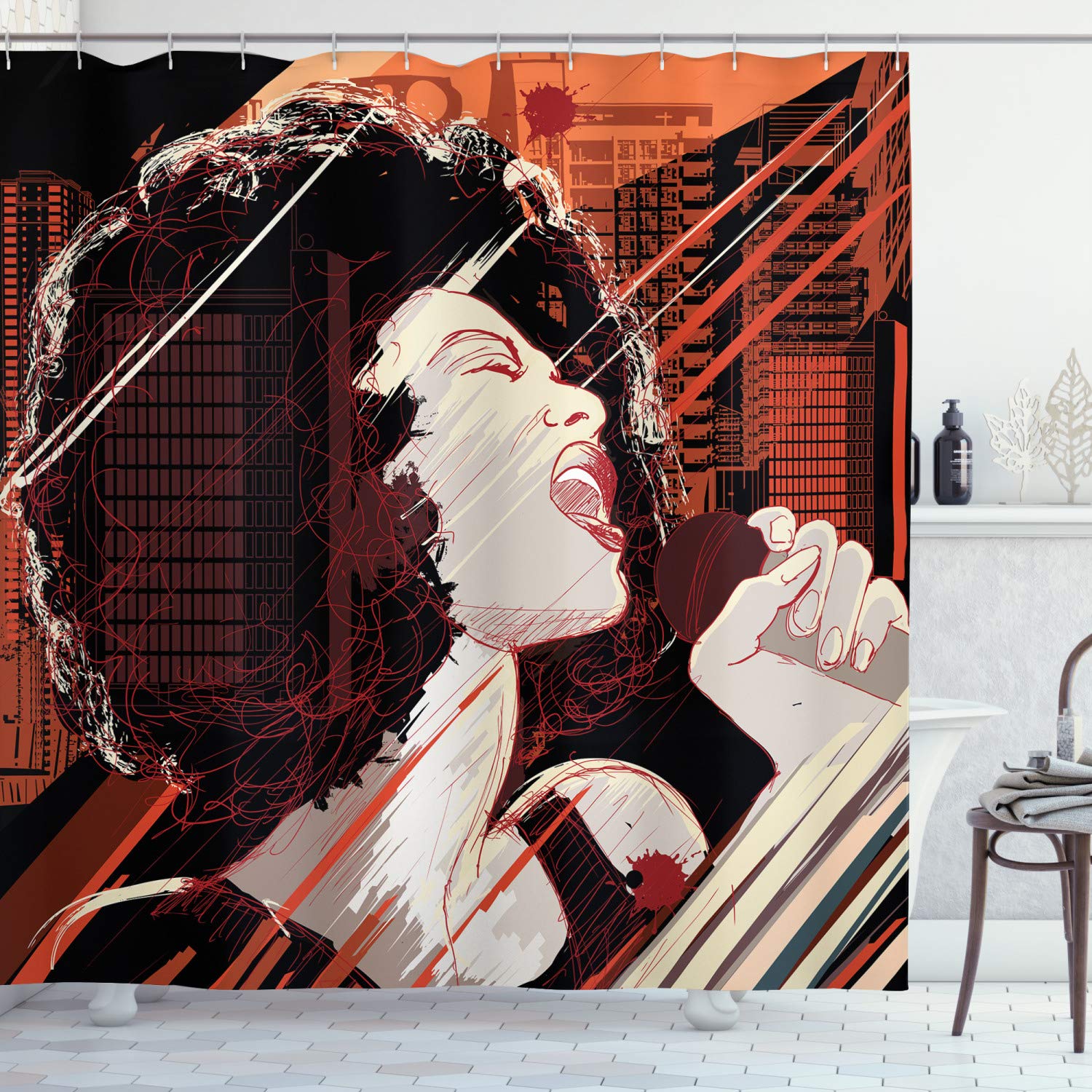 ABAKUHAUS African Shower Curtain, Jazz Singer Woman Performing on The Grunge Background Musical Sound Illustration